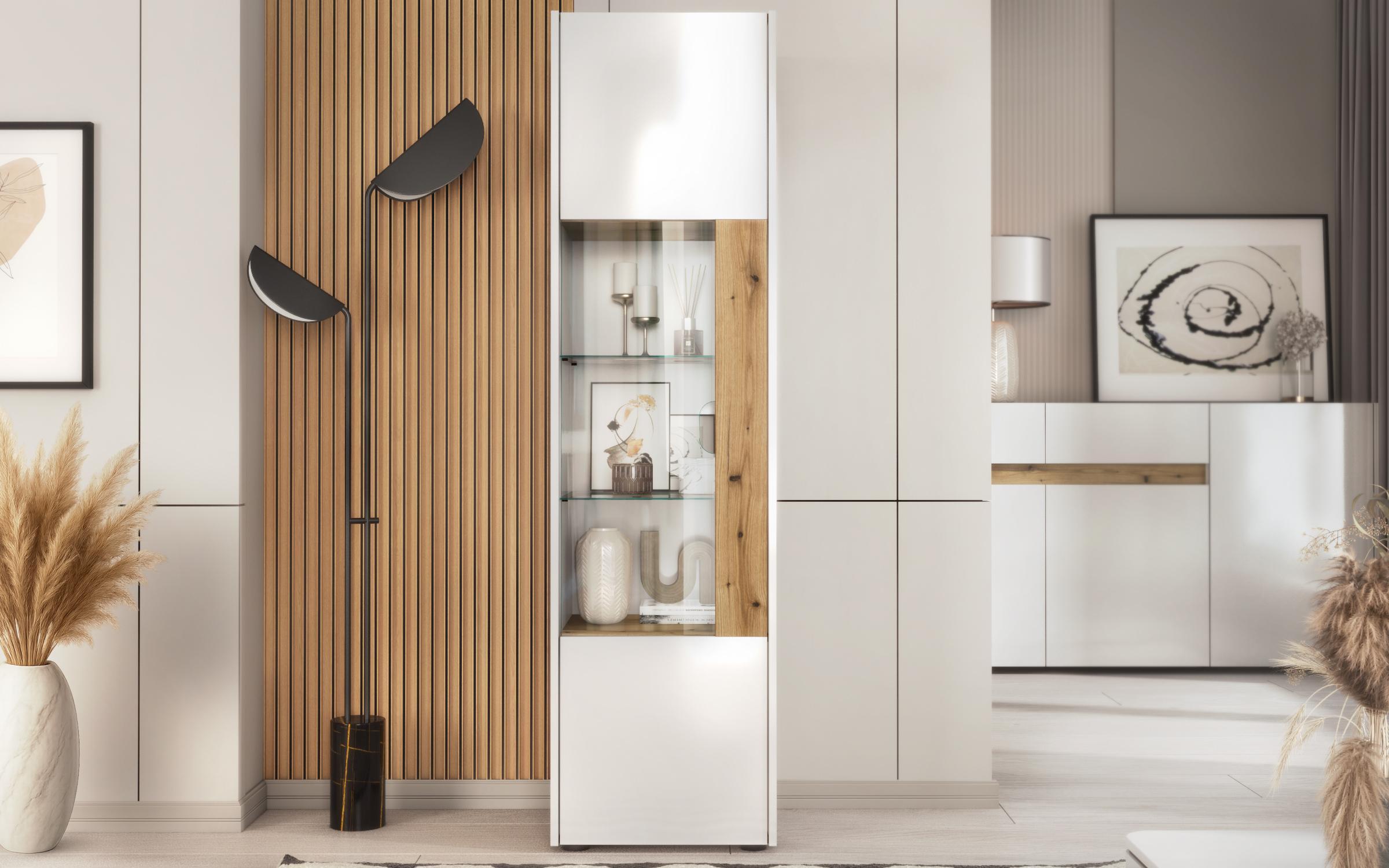 Biblioteca vitrina Pier L, alb lucios + stejar evoc  2