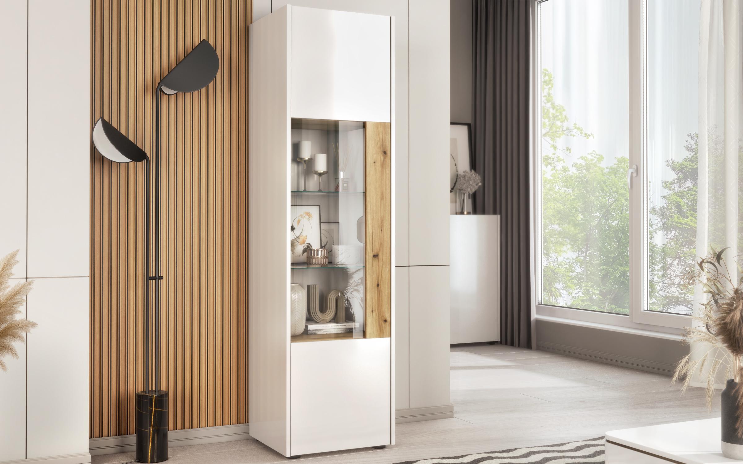 Biblioteca vitrina Pier L, alb lucios + stejar evoc  1