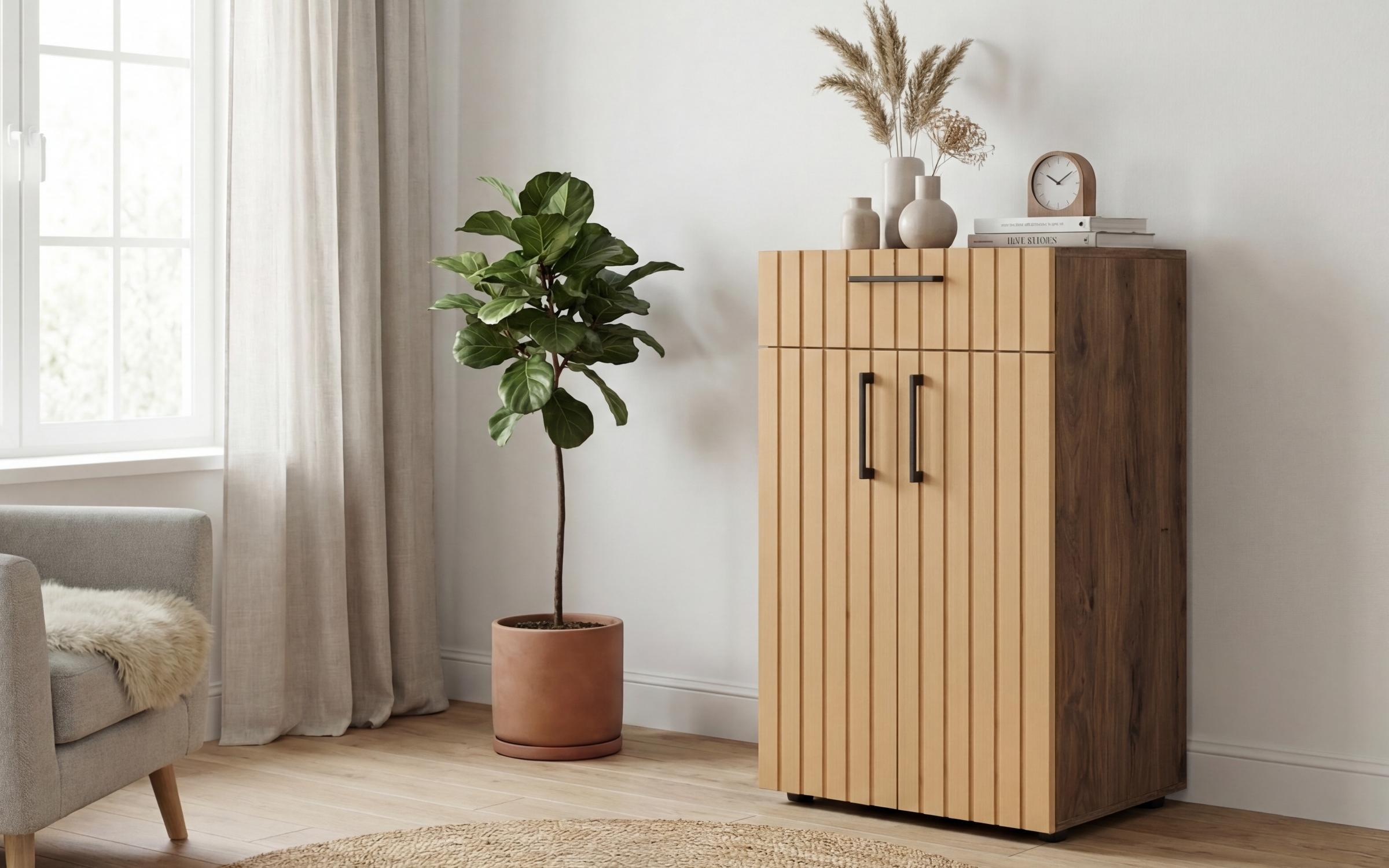 Comoda Senso, stejar scandinav inchis + satin galben  1