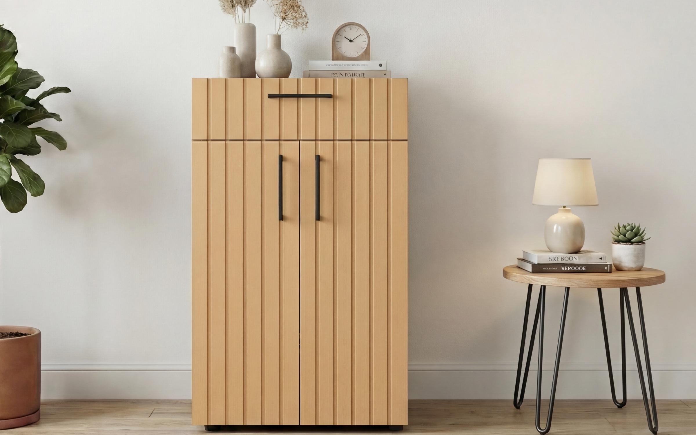 Comoda Senso, stejar scandinav inchis + satin galben  5