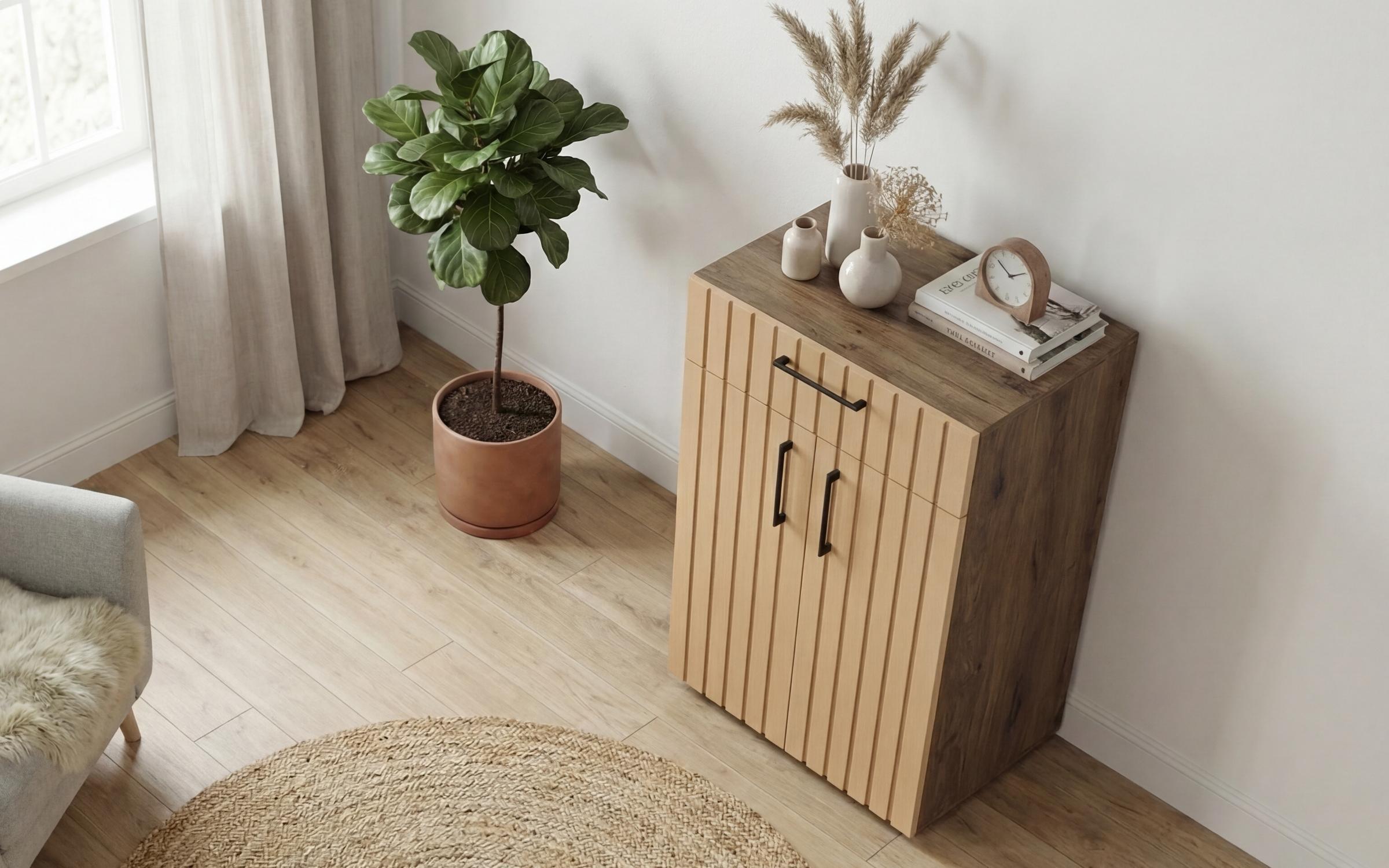 Comoda Senso, stejar scandinav inchis + satin galben  6