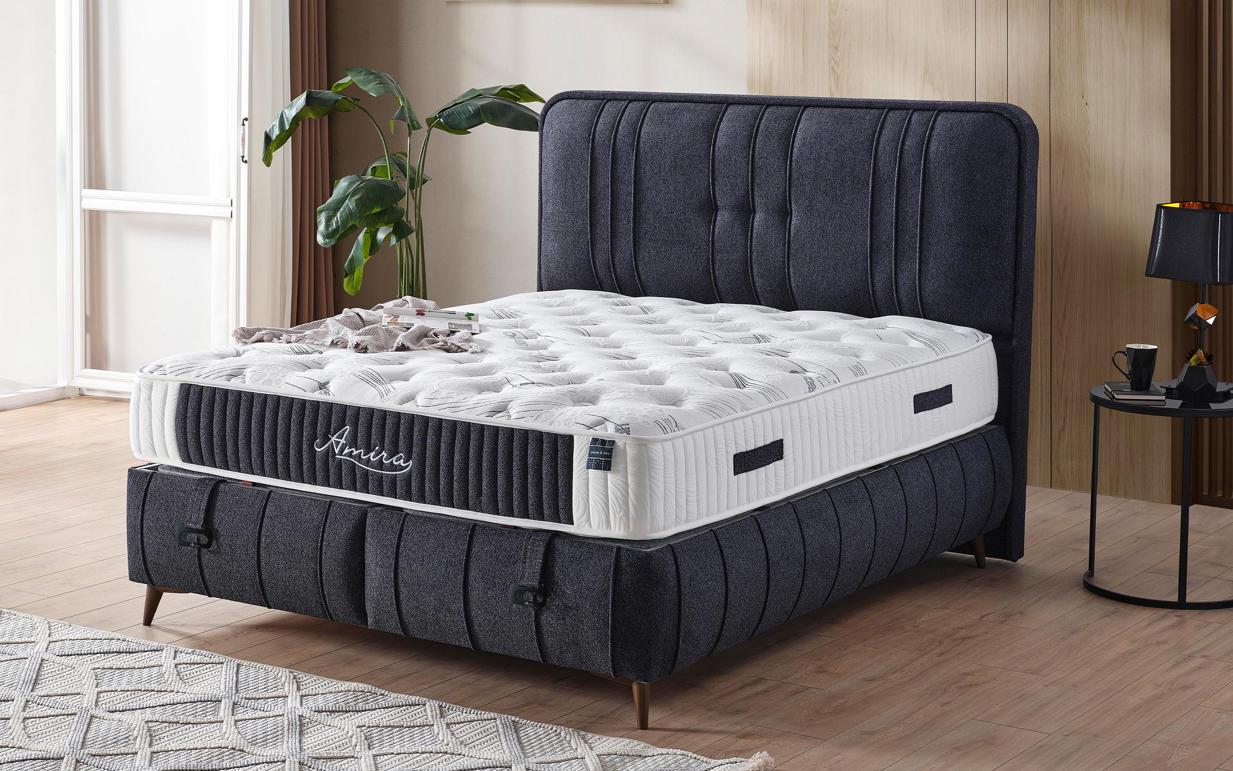 Pat dublu Boxspring 160/200 Amira + saltea, albastru inchis  1