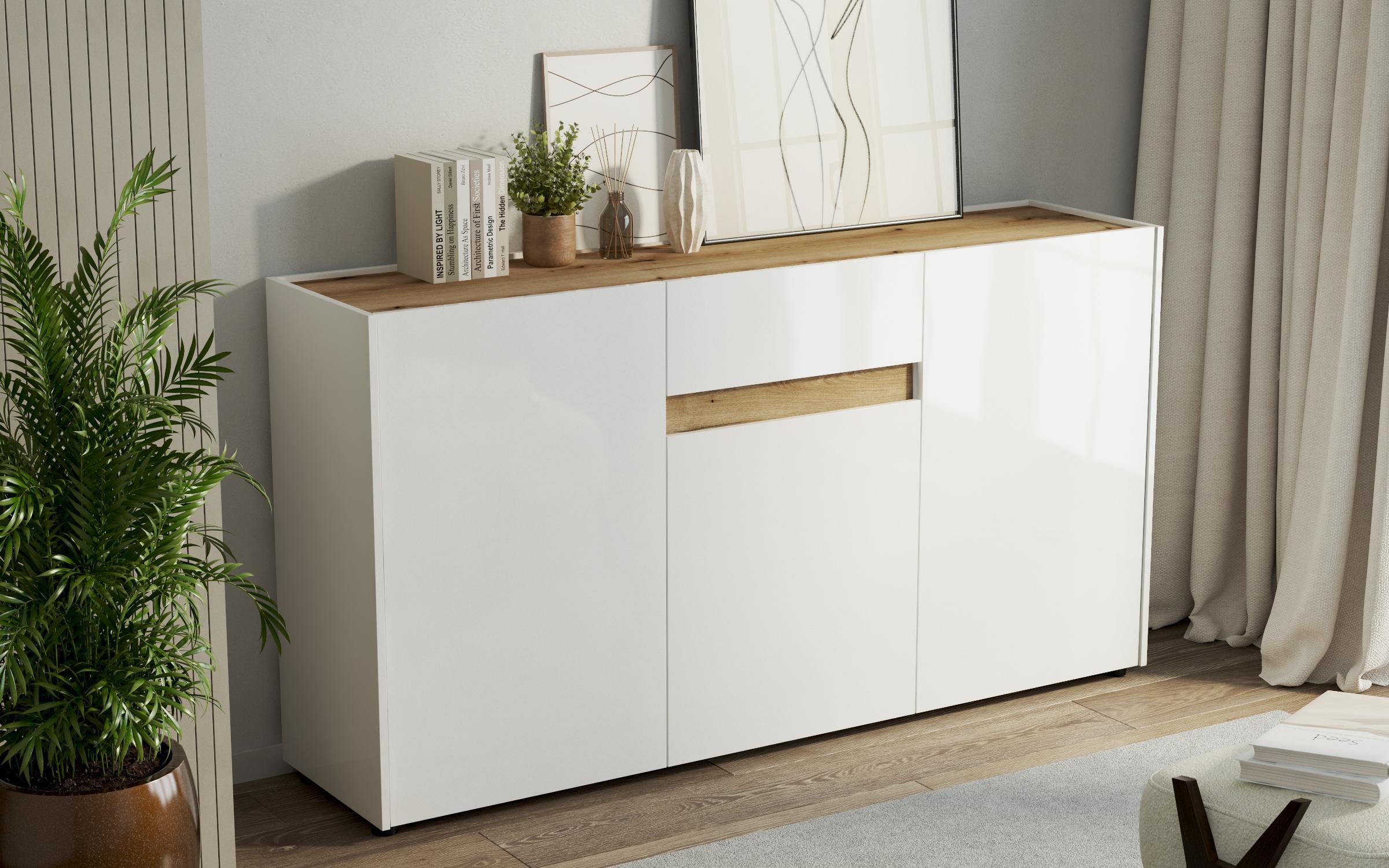 Comoda Pier S, stejar evoc + alb lucios  1