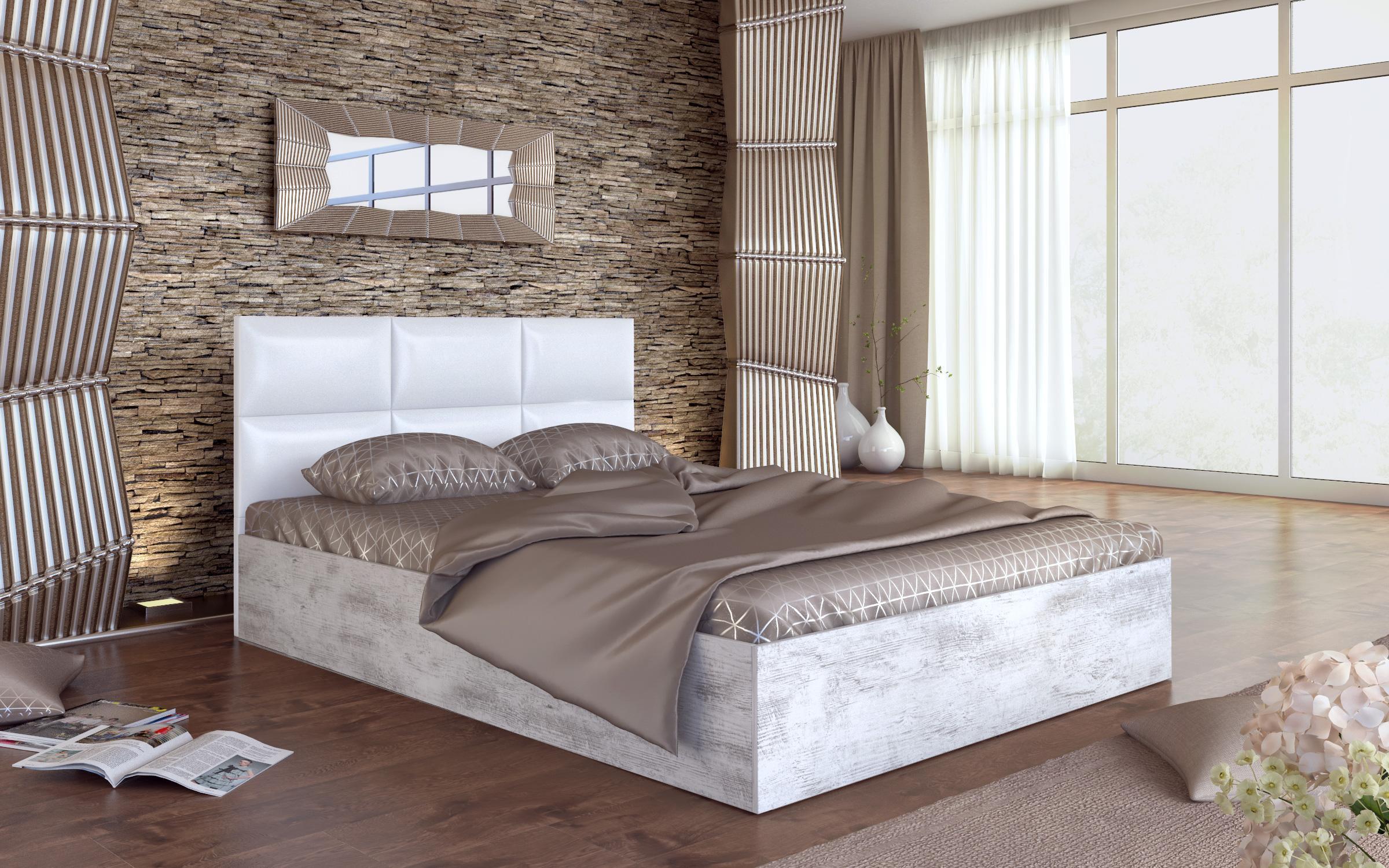 Pat dublu +saltea 140/200 Magdalena + saltea, stejar antic + piele alba  1