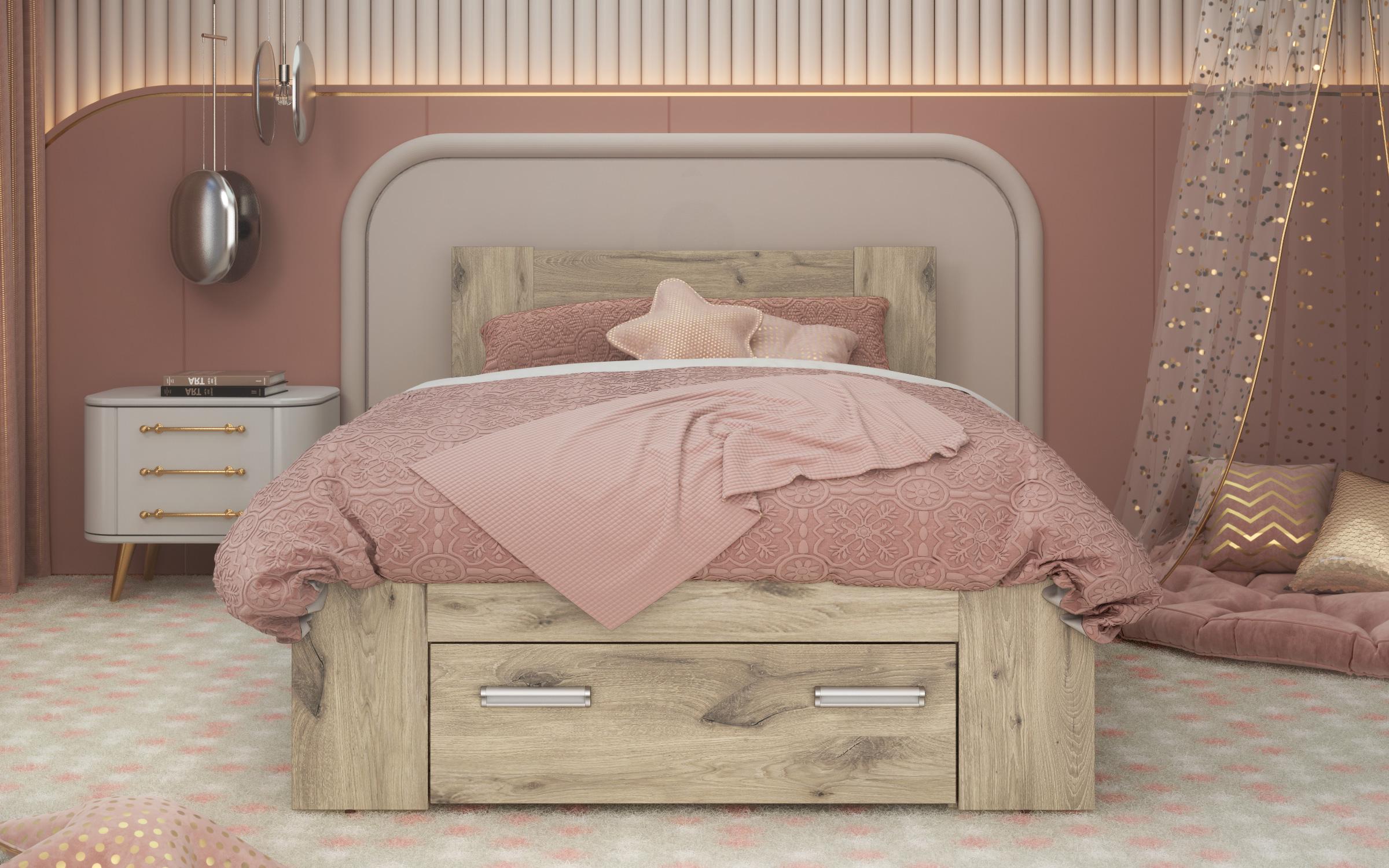 Pat Nemo + sertare, pentru saltea 120/200, stejar scandinav deschis  2