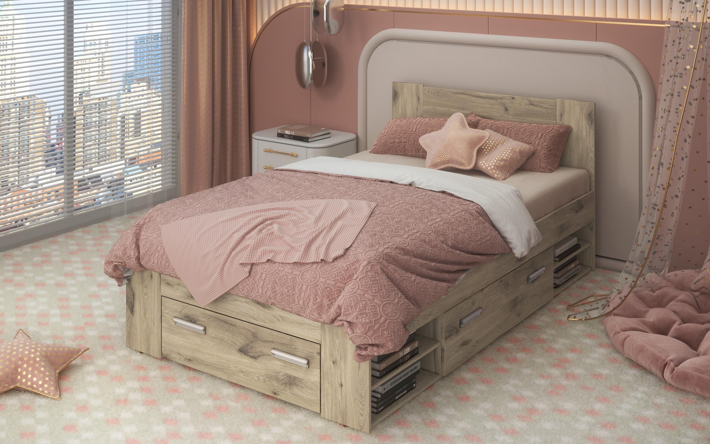 Pat Nemo + sertare, pentru saltea 120/200, stejar scandinav deschis  3