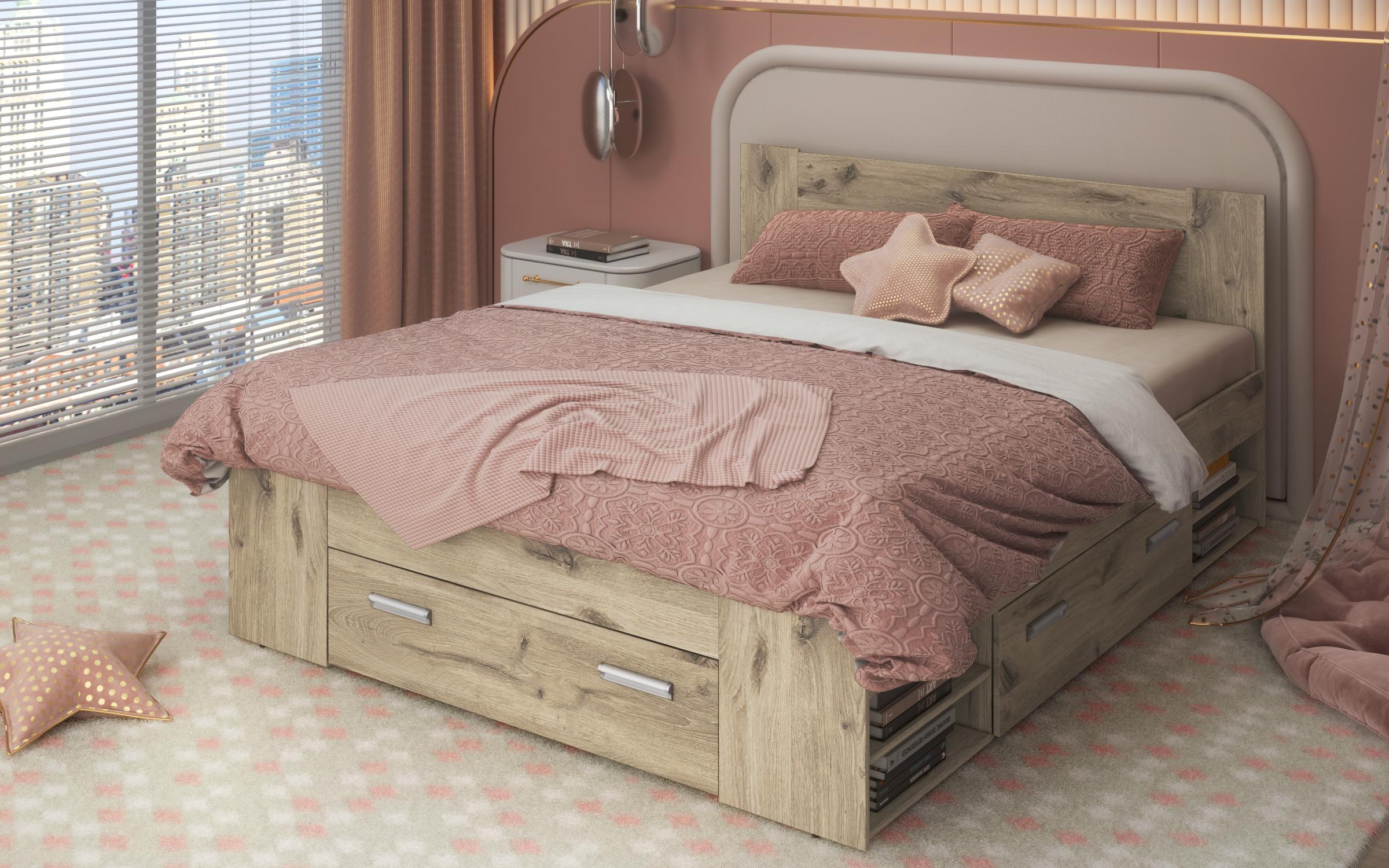 Pat dublu  Nemo + sertare pentru saltea 160/200, stejar scandinav deschis  3