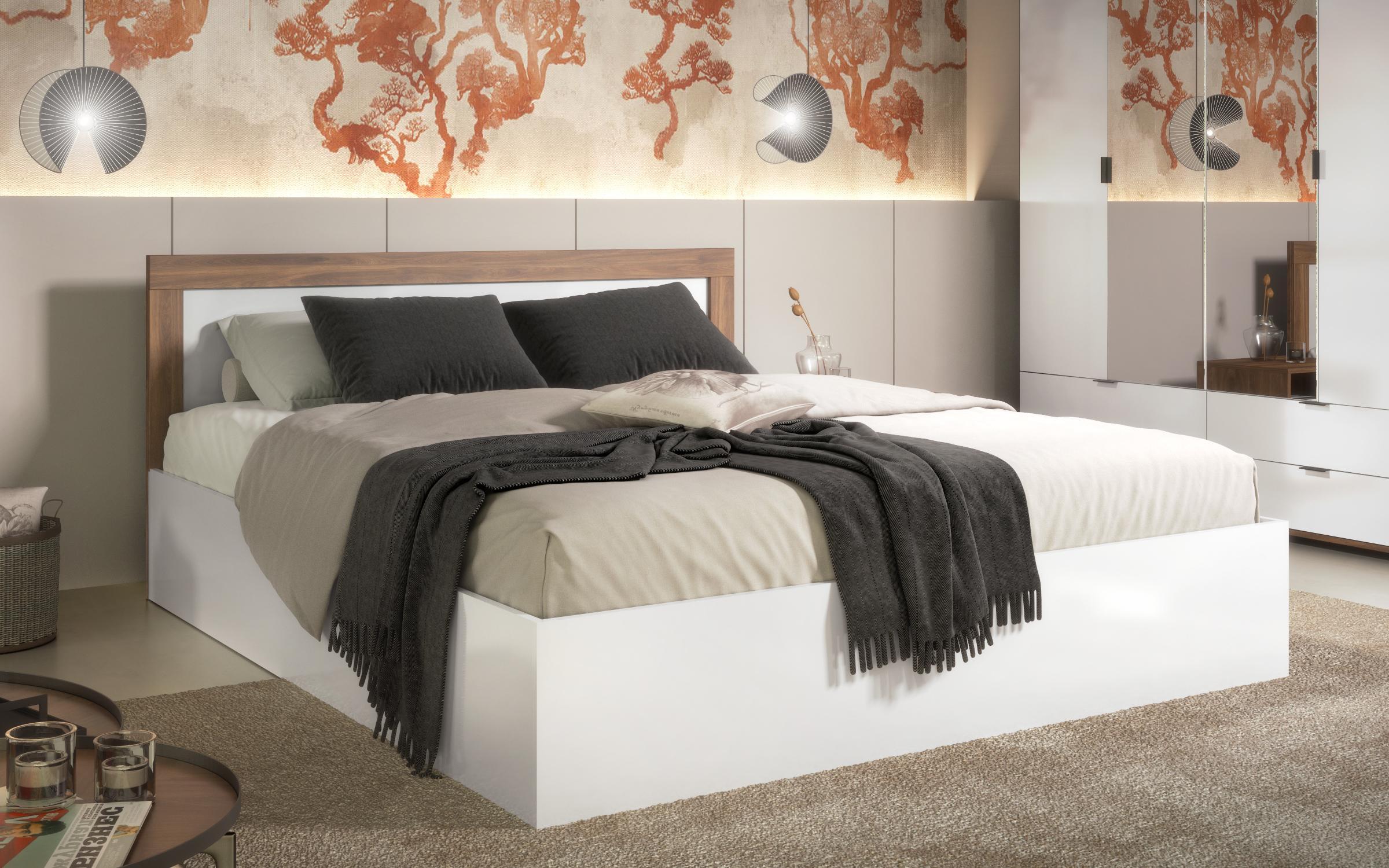 Pat dublu 160/200 Toronto + saltea, stejar scandinav inchis + alb mat  2