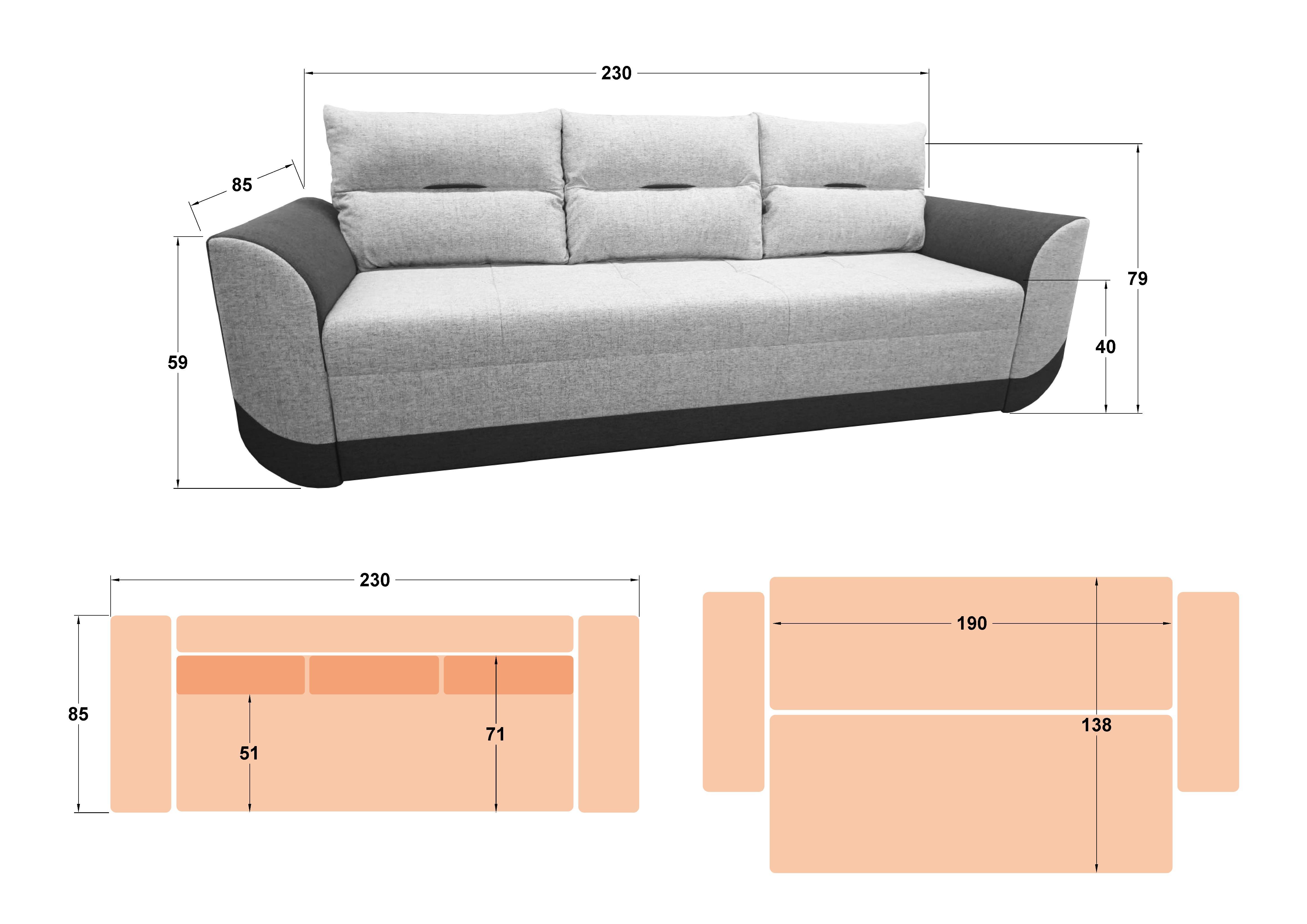 Canapea extensibila Sven, gri inchis + bej  2