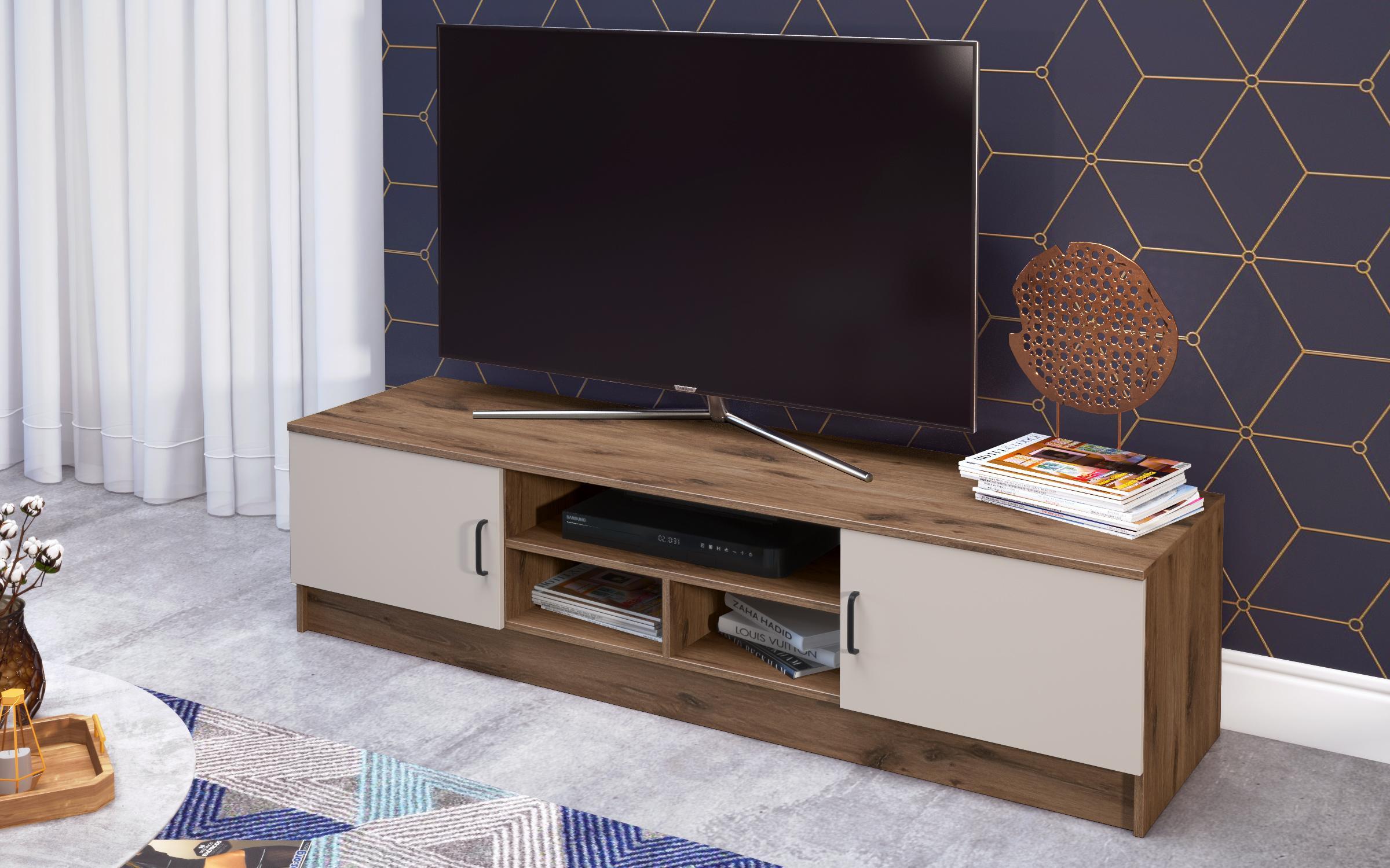 Modul TV Suerte, stejar scandinav inchis + nisipiu mat  3