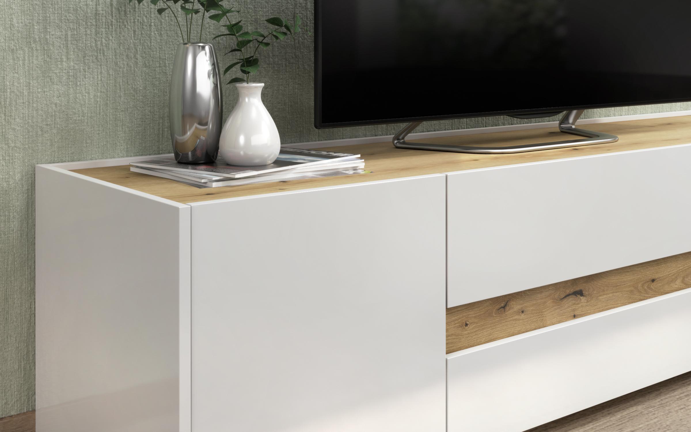 Modul TV Pier, stejar evoc + alb lucios  3