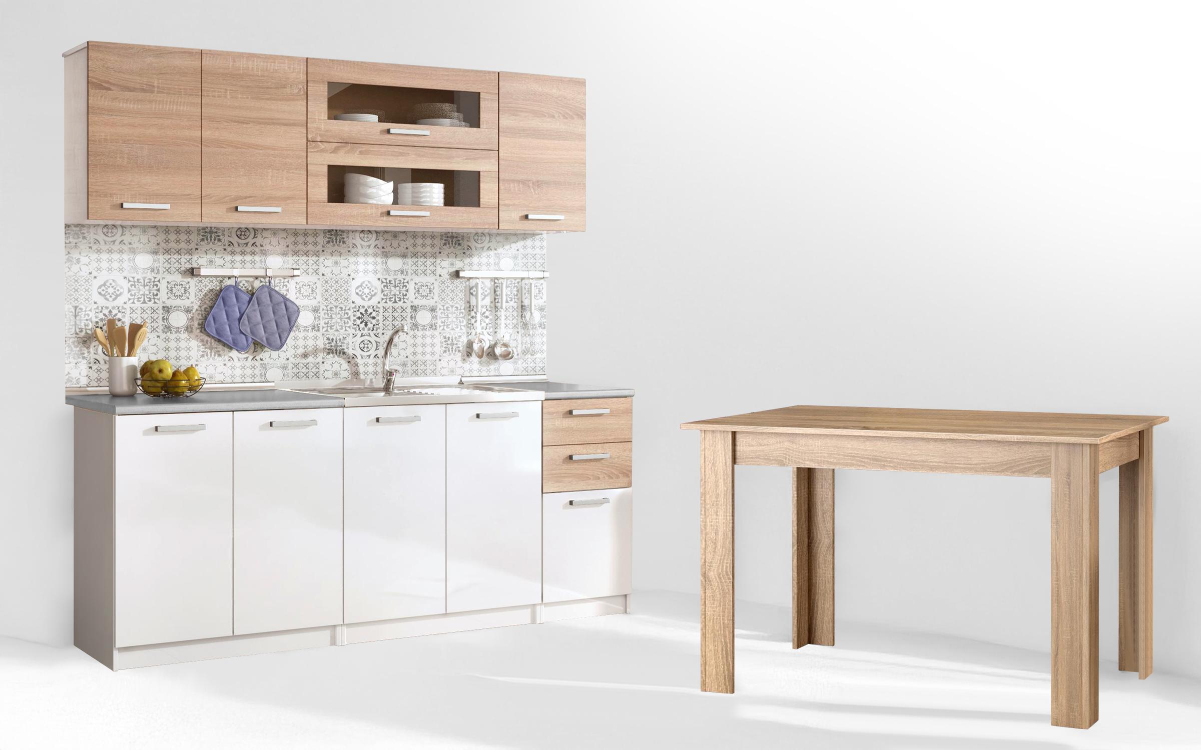 Set Bucatarie Darina + masa dining, alb lucios + stejar sonoma  1