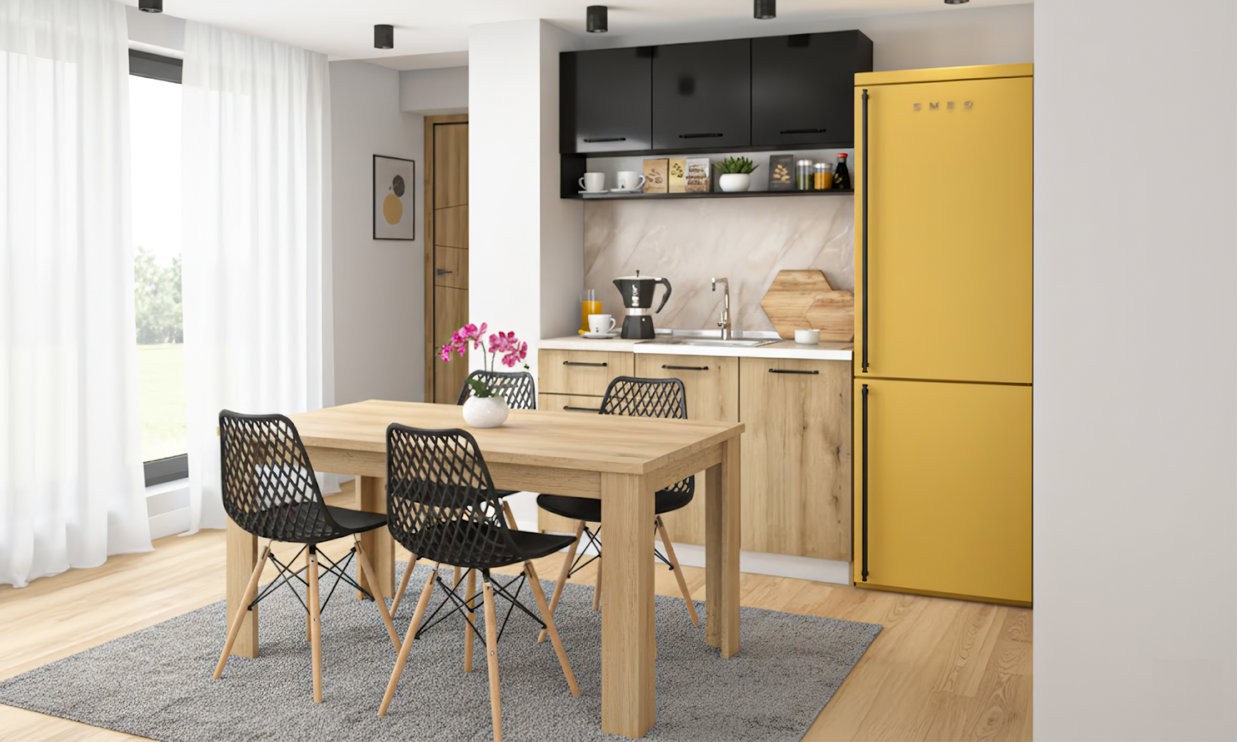 Set Bucatarie Ferero + masa Doni + scaun Emporo, alb lucios + stejar evoc + negru  1