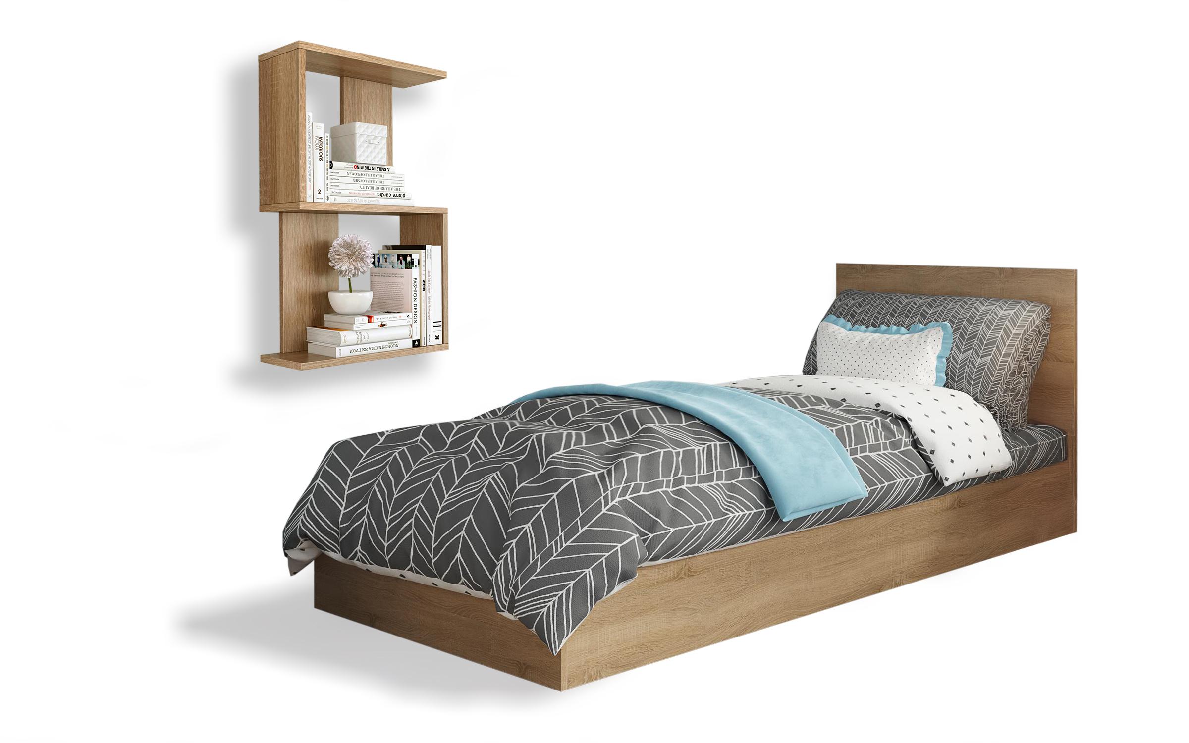 Кровать Иззи 90/200 + полка Дара, дуб сонома  1