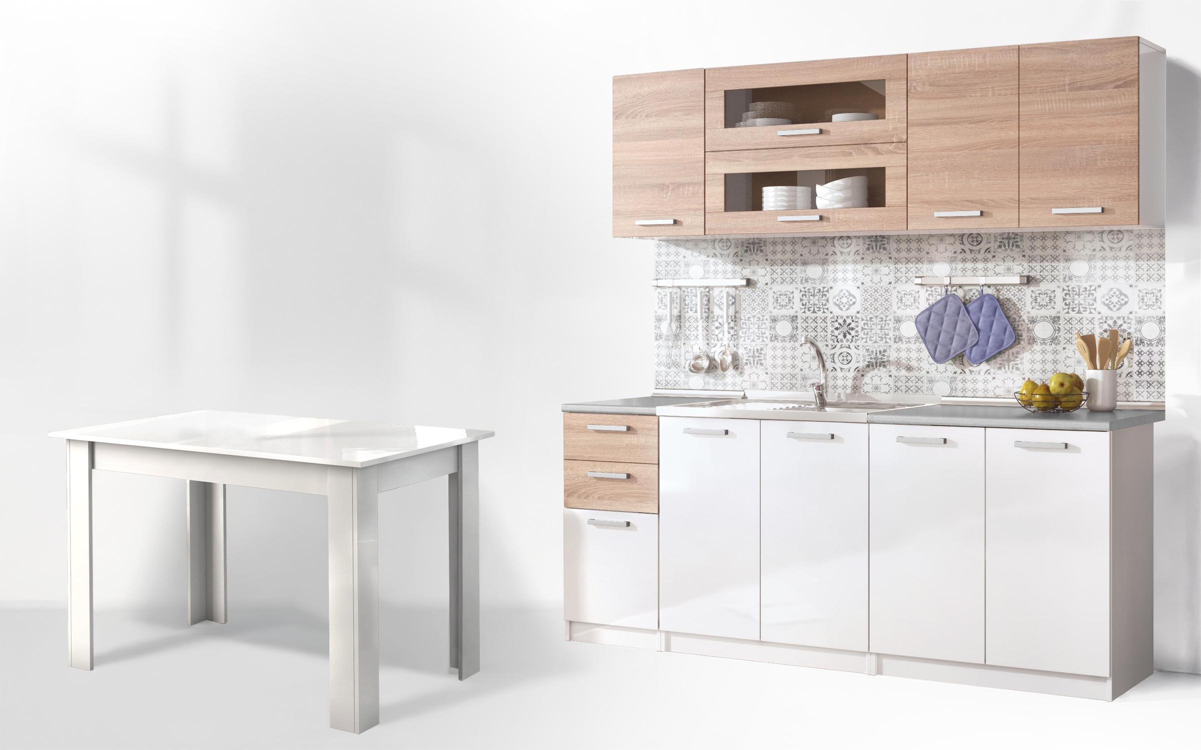 Set Bucatarie Darina + masa dining, alb lucios + stejar sonoma  1