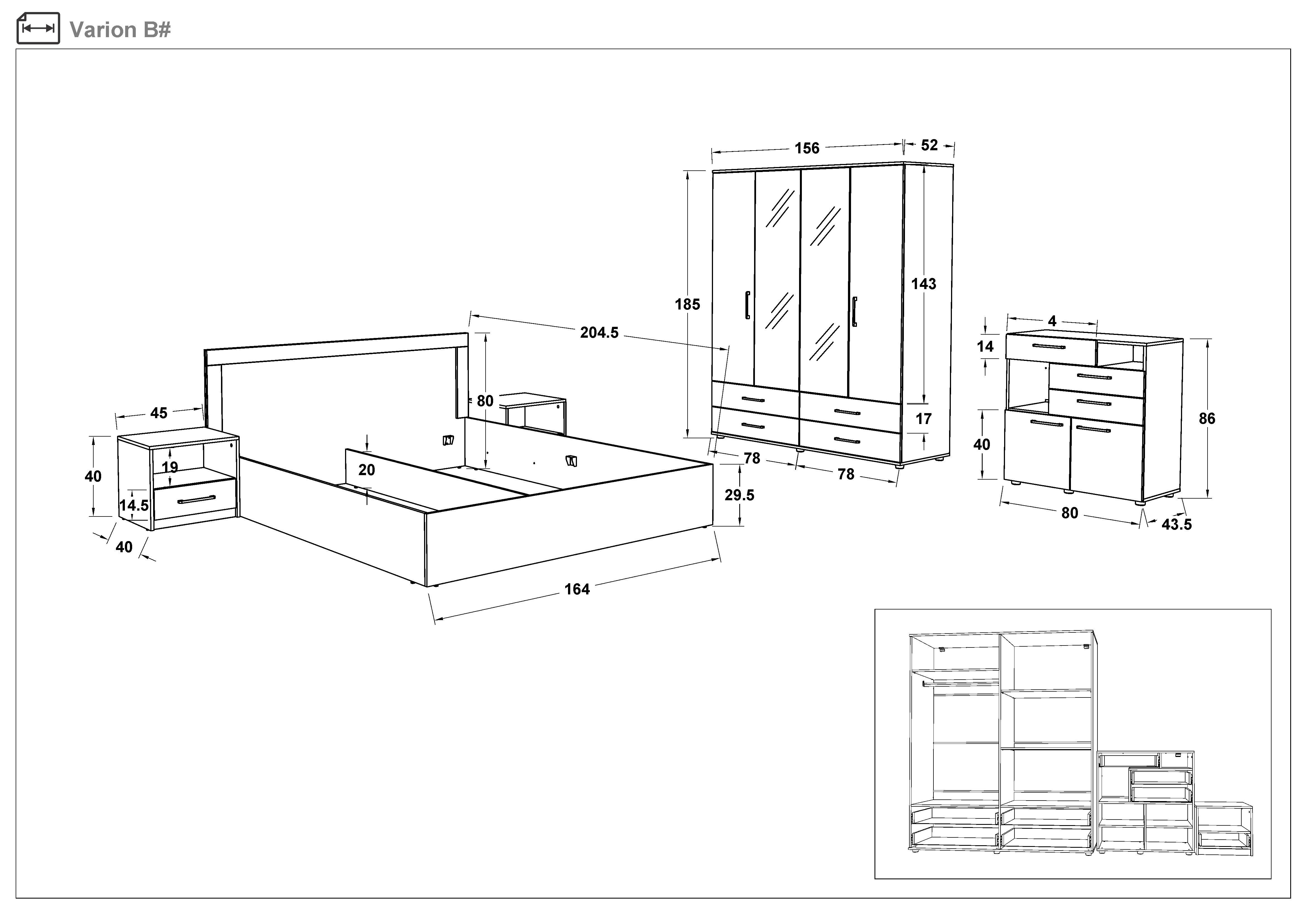 Спальный гарнитур под матрас 160/200 Варион, темный скандинавский дуб + Magma  2