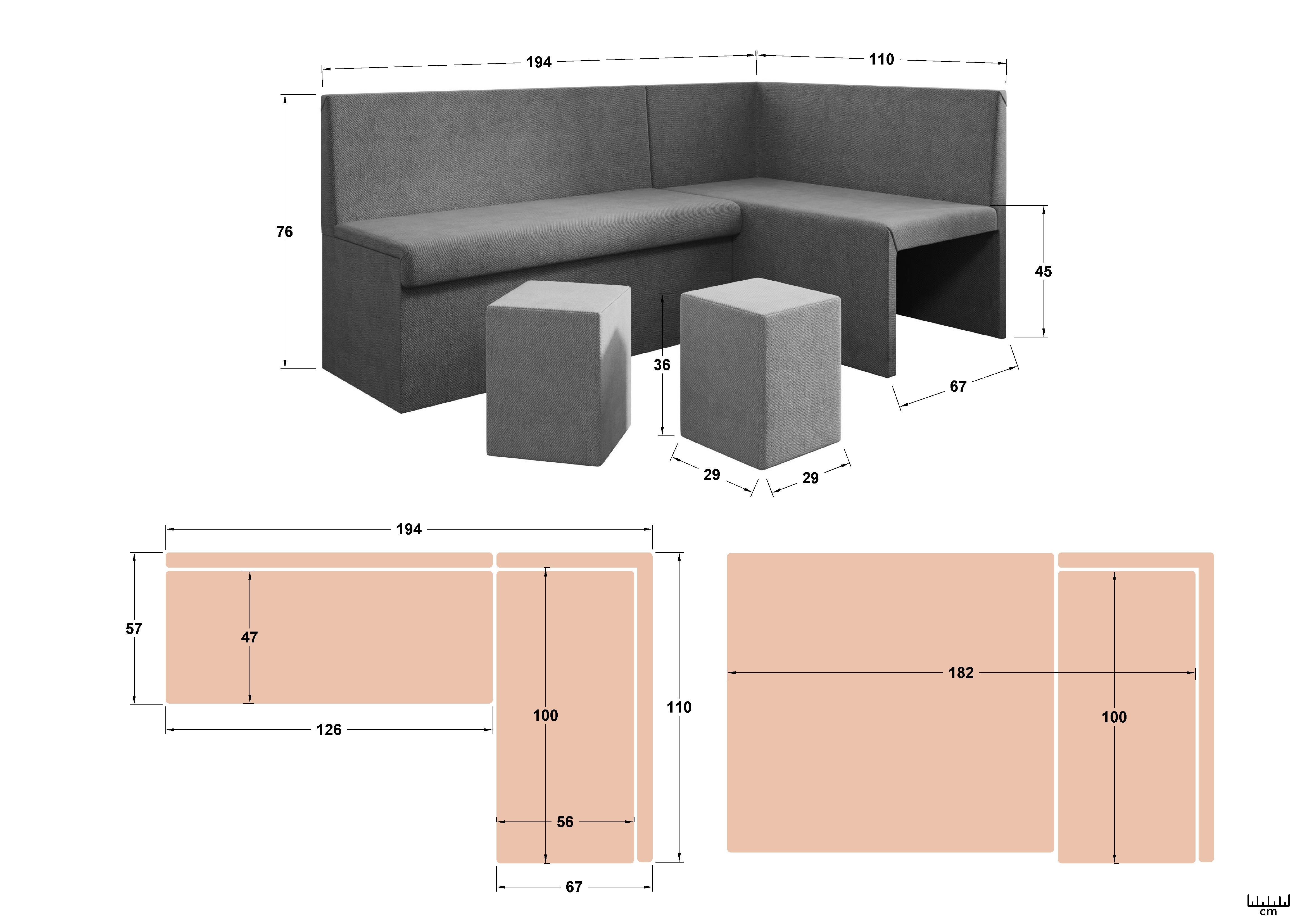 Coltar extensibil de bucatarie + 2 taburete Venturo, gri inchis + gri  2