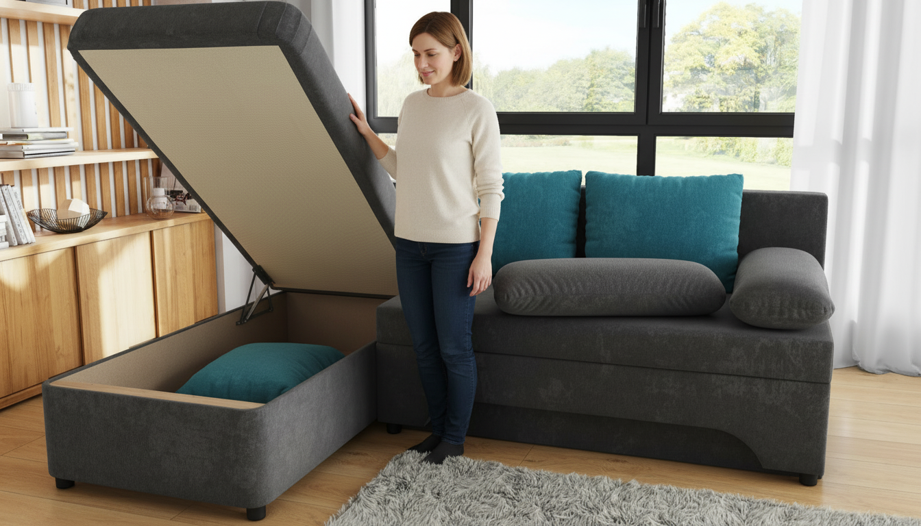 Раскладной угловой диван Неос, серый + бирюзовый  4