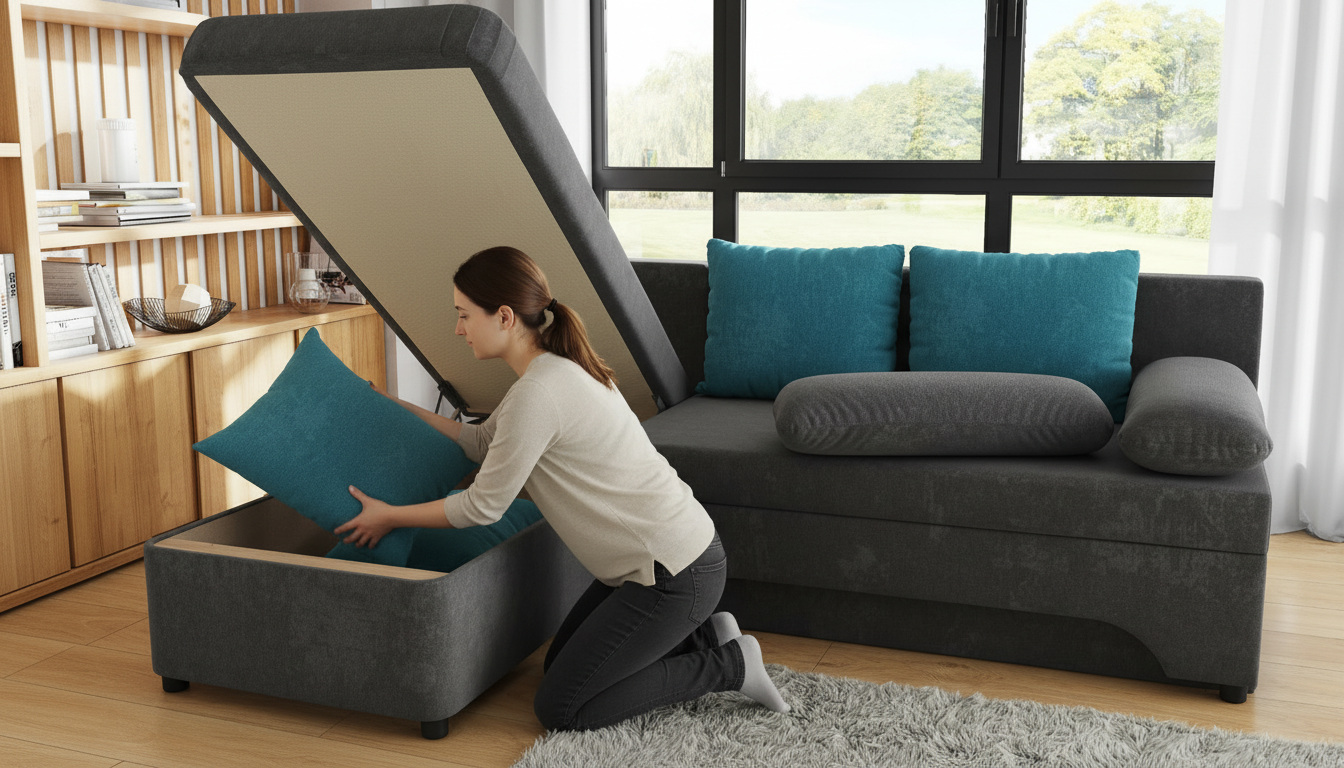 Раскладной угловой диван Неос, серый + бирюзовый  5