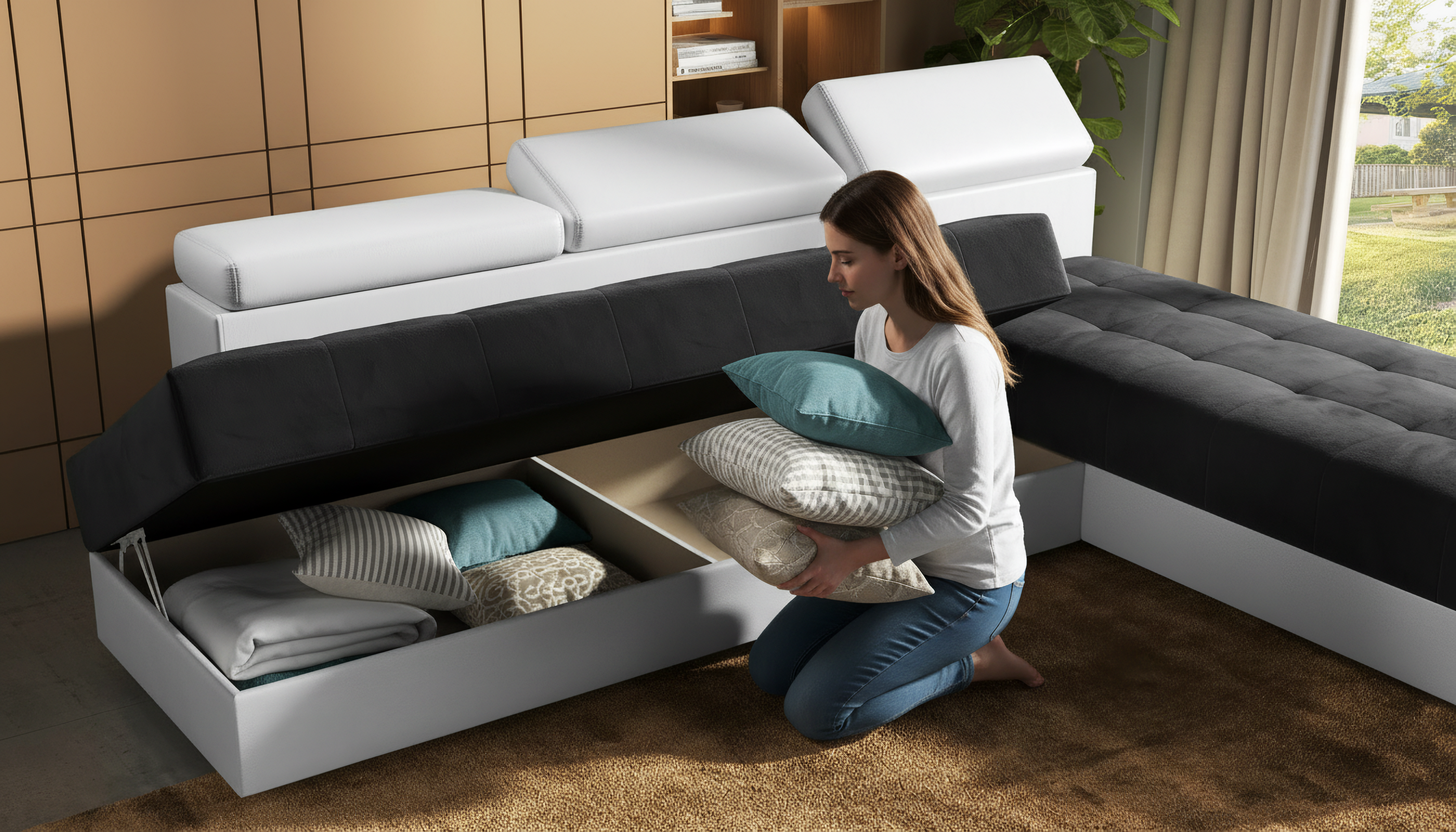 Угловой диван для гостиной Галанс, графит + белая кожа  4