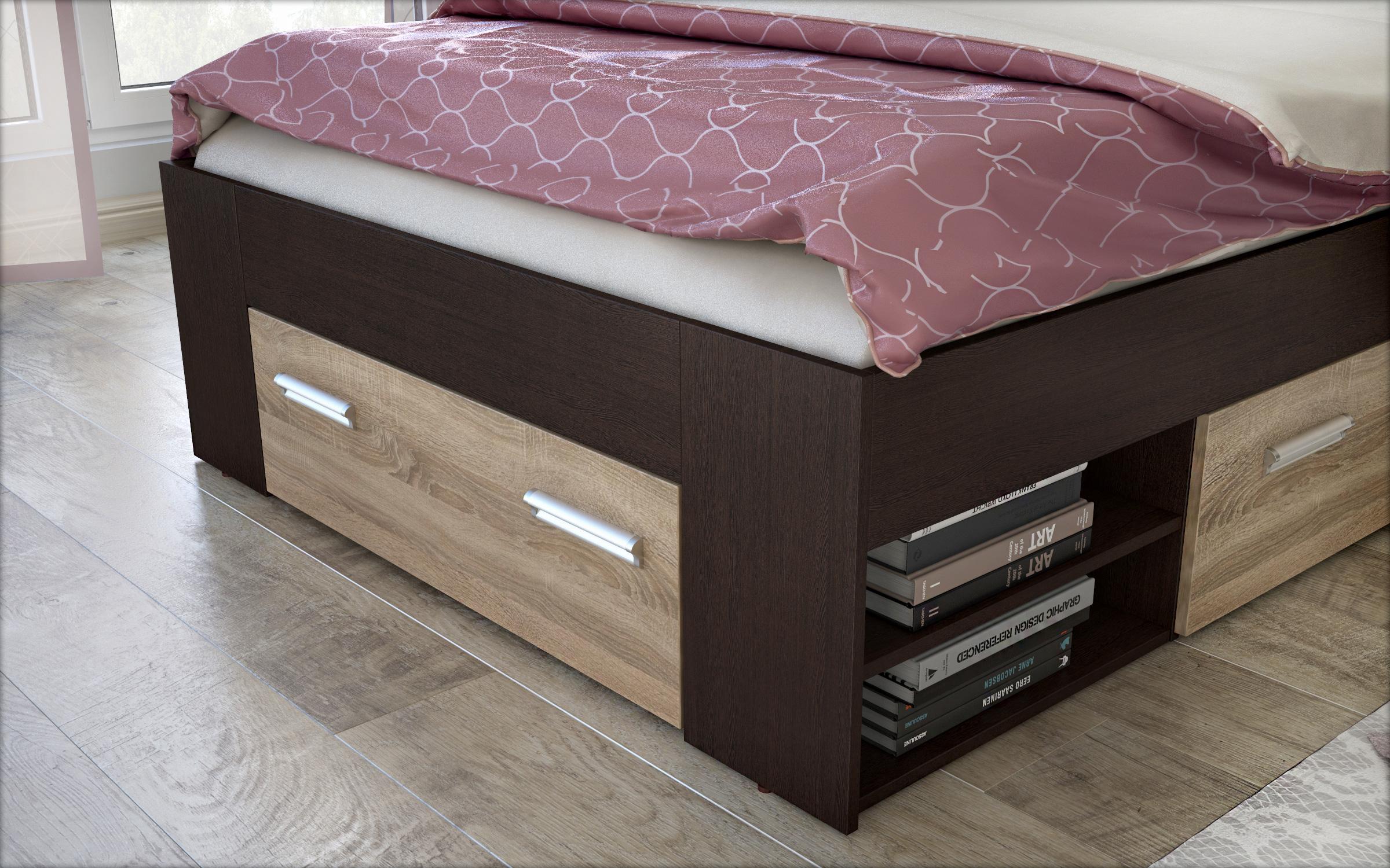 Pat dublu Nemo+ sertare pentru saltea 140/200, wenge + stejar sonoma  5