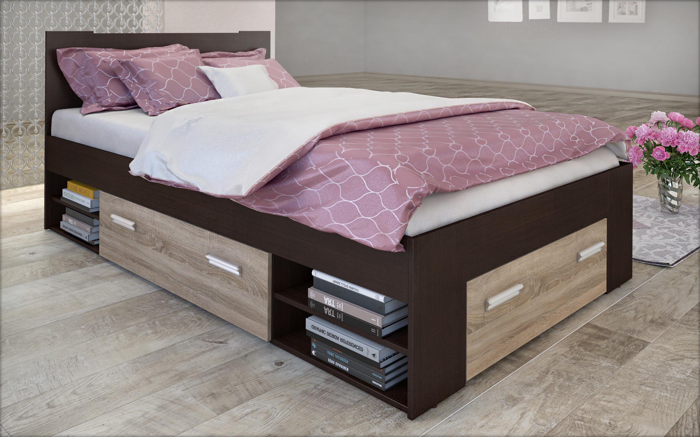 Pat dublu Nemo+ sertare pentru saltea 140/200, wenge + stejar sonoma  2