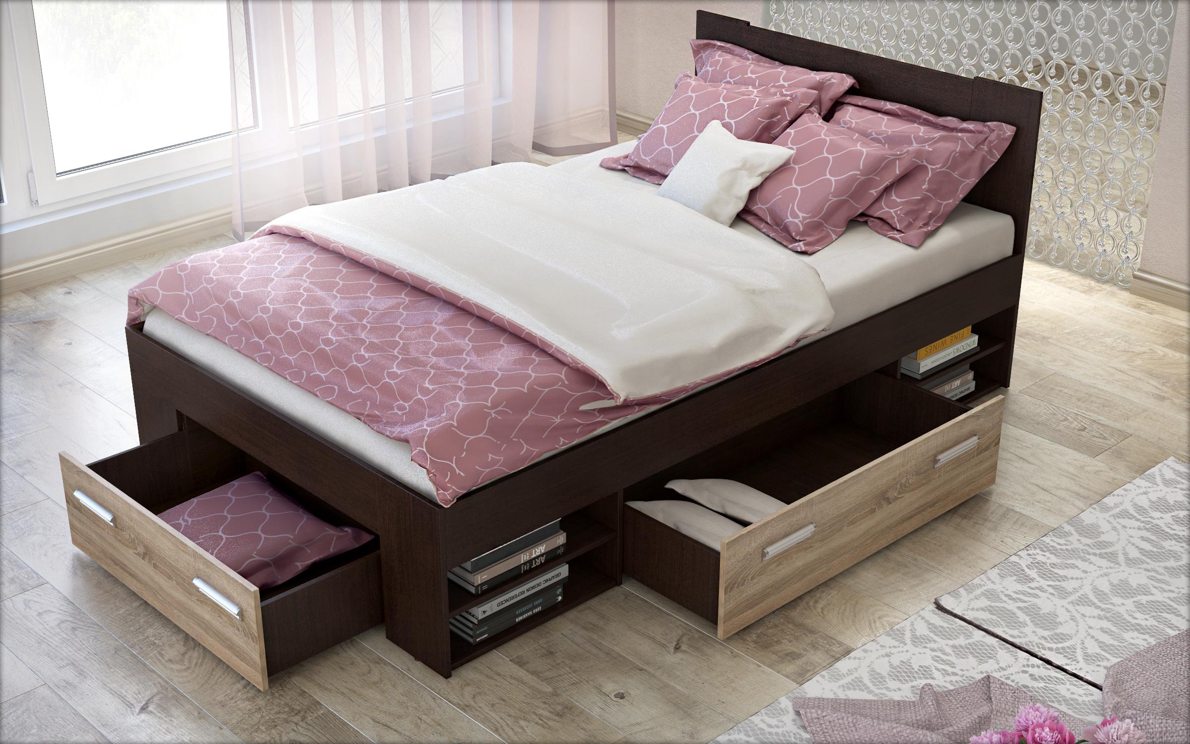Pat dublu Nemo+ sertare pentru saltea 140/200, wenge + stejar sonoma  4