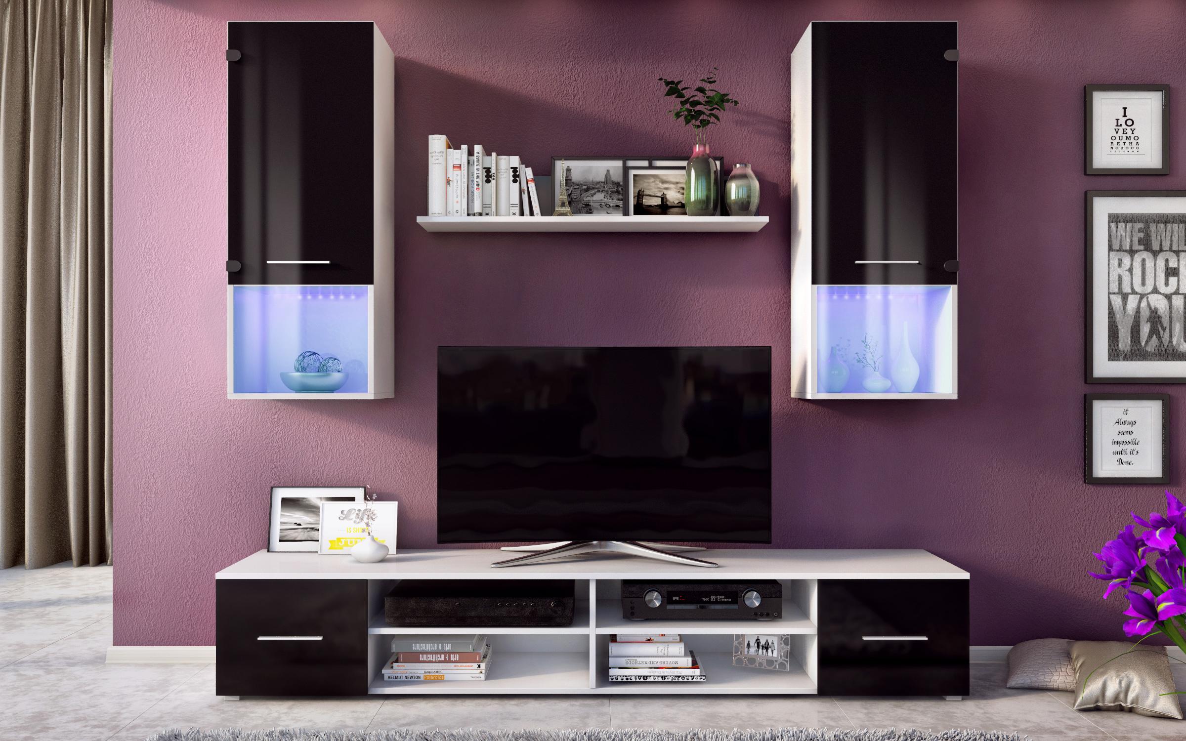 Biblioteca Lorencia 2 + iluminare LED, alb mat + negru lucios  2