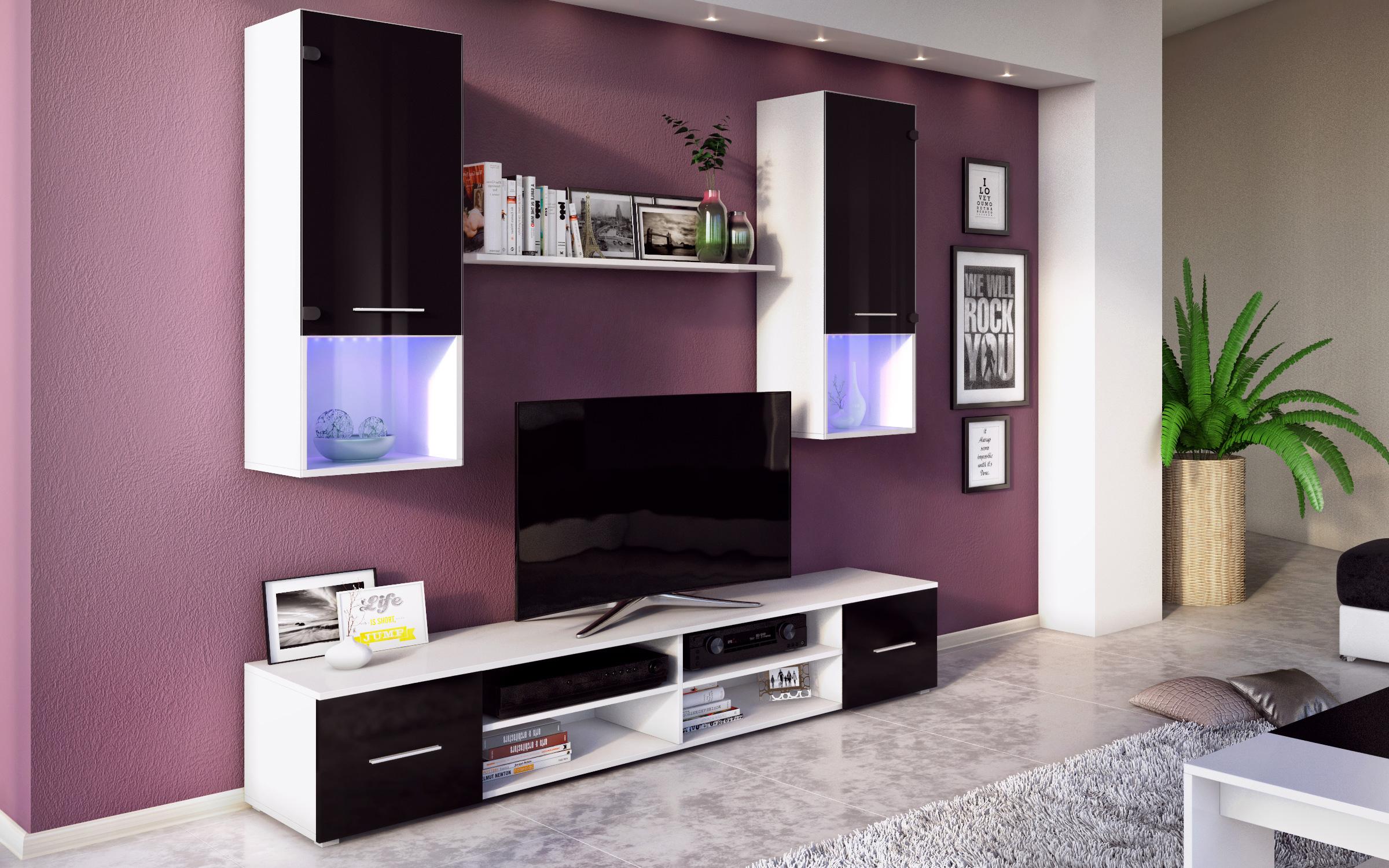 Biblioteca Lorencia 2 + iluminare LED, alb mat + negru lucios  3