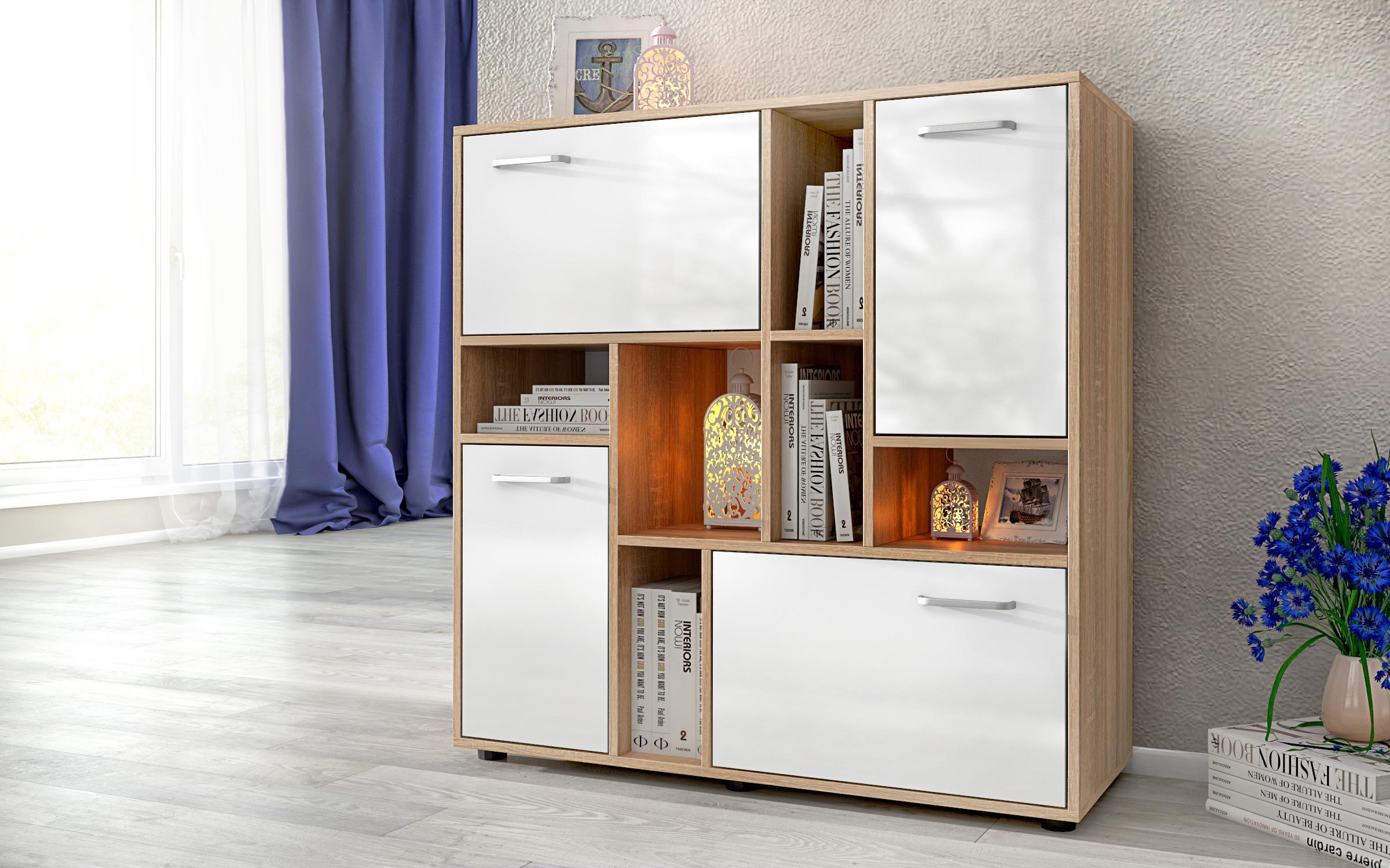 Comoda Leonardo, stejar sonoma + alb lucios  1