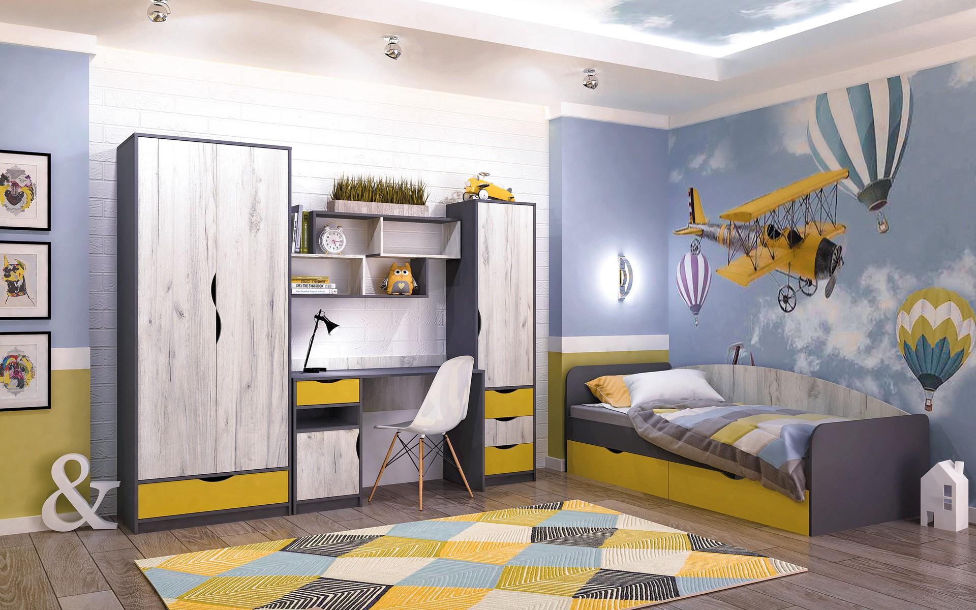Birou Artis, gri grafit + stejar craft alb + galben  2