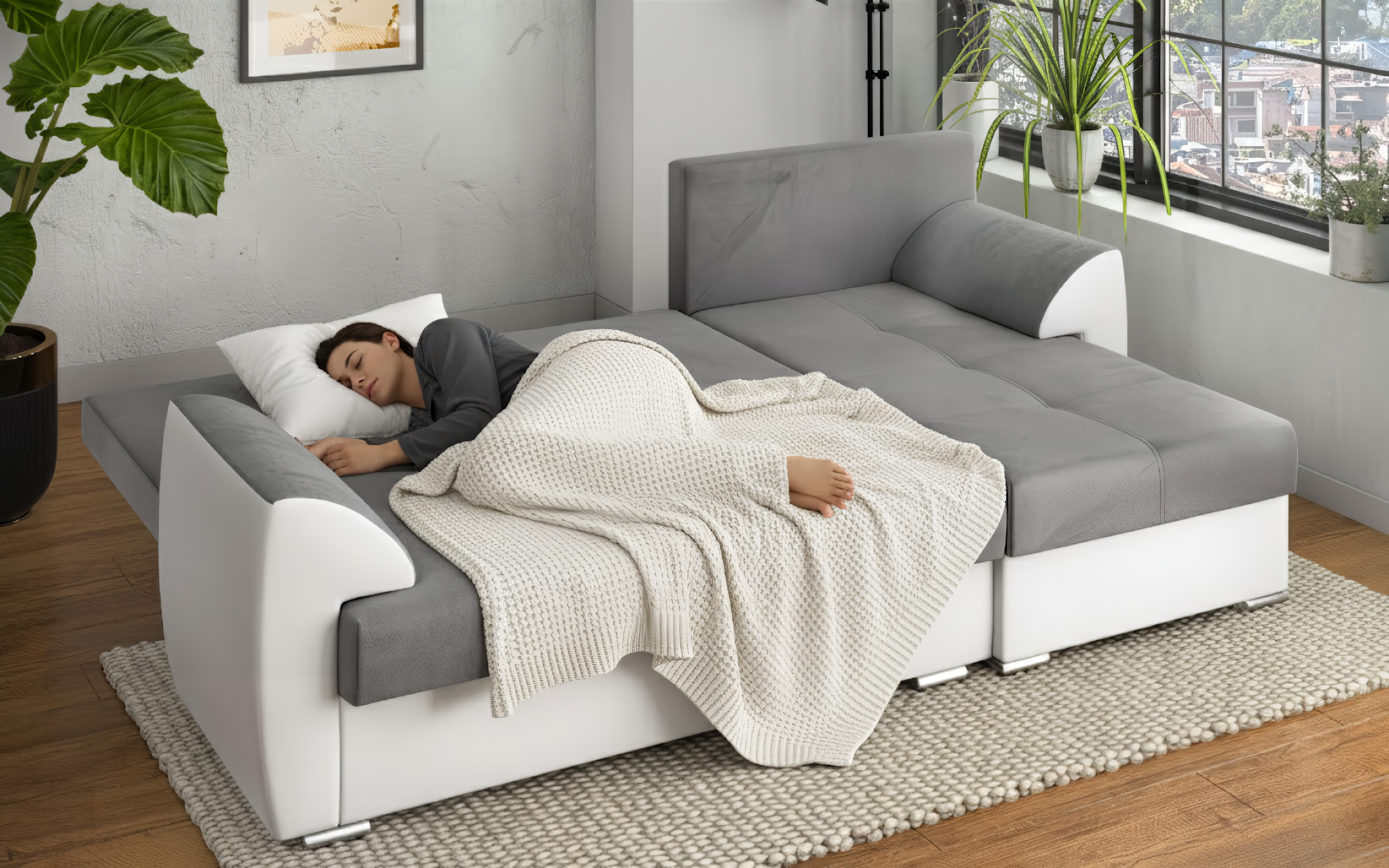 Coltar extensibil Deman, gri + piele alba  4