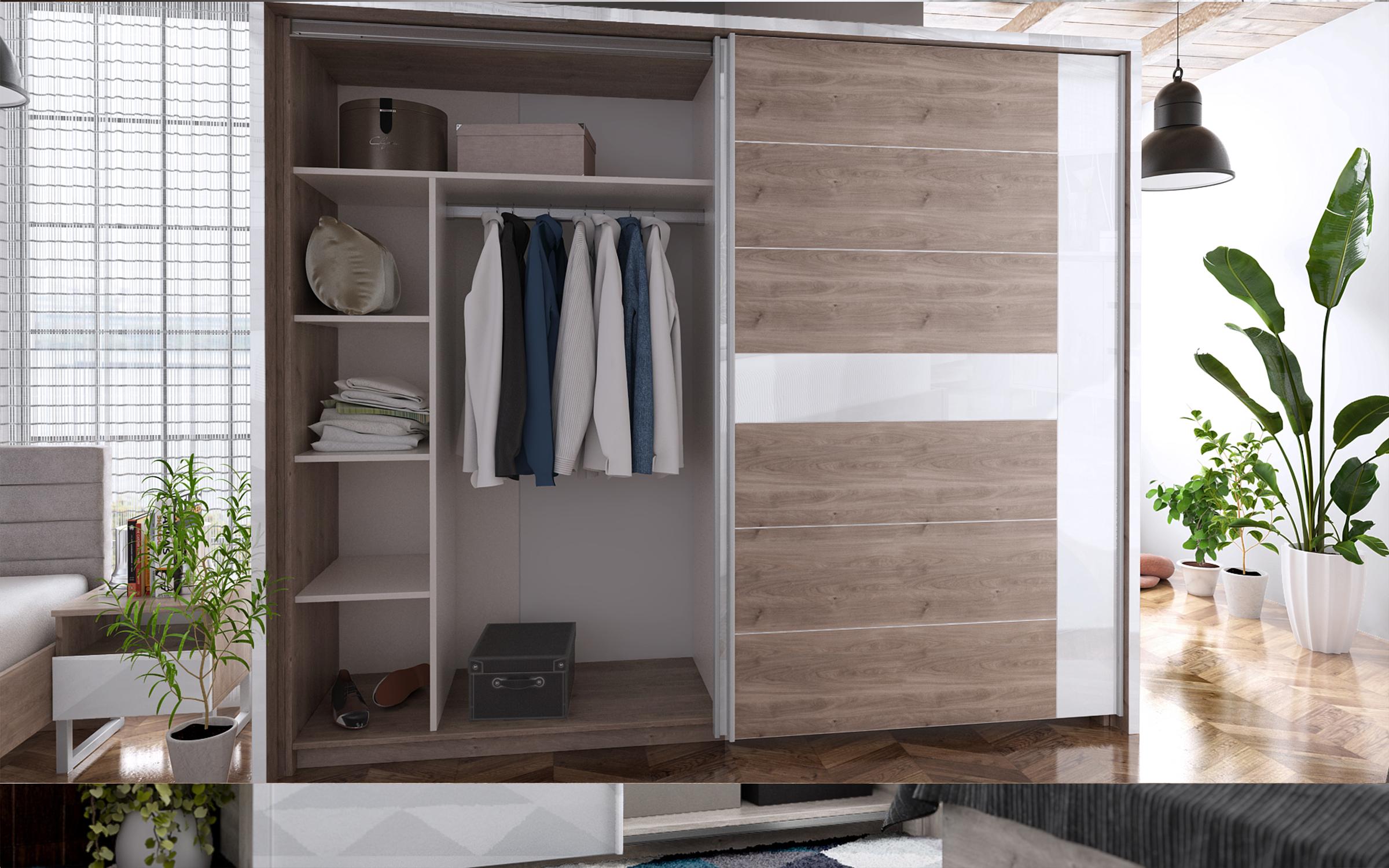 Dulap cu usi glisante Modern 03, alb + stejar Castelo gri + alb lucios  5