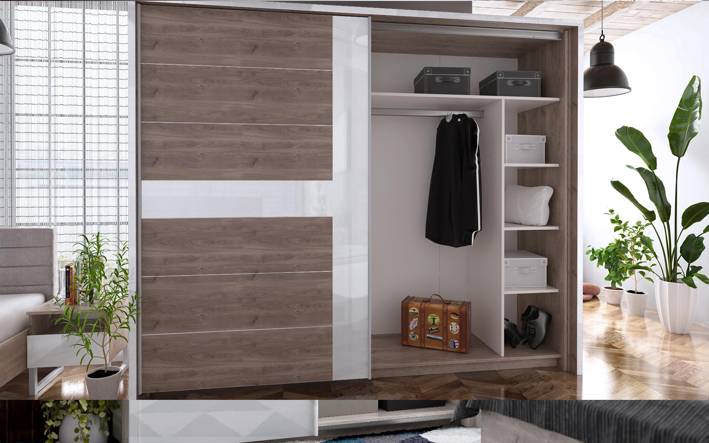 Dulap cu usi glisante Modern 03, alb + stejar Castelo gri + alb lucios  6