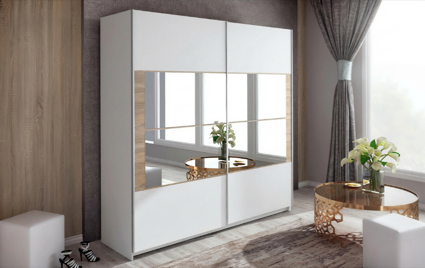 Dulap cu usi glisante Falcon, alb + stejar sonoma  1