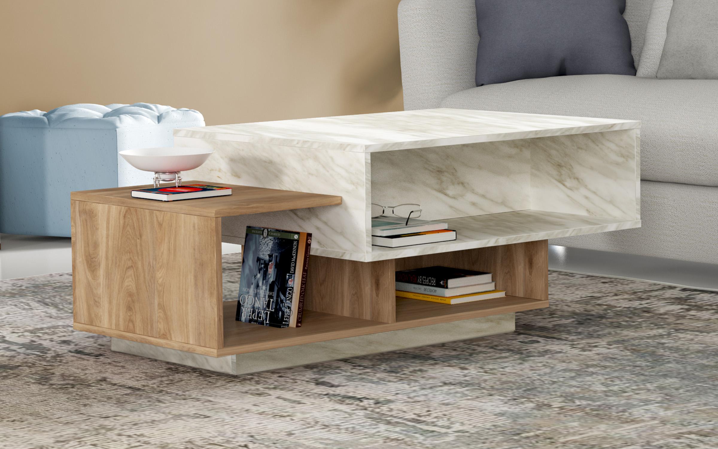 Masuta de cafea Delia, decor marmura alba + stejar cupru  1