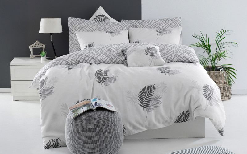 3 piese 200/220 cm; Policotton Lenjerie de pat Palma, gri + alb  1