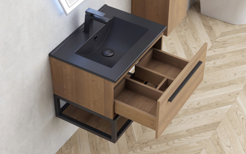 PVC dulap cu chiveta pentru baie ICP6050-039 Simon, negru mat + natural  2