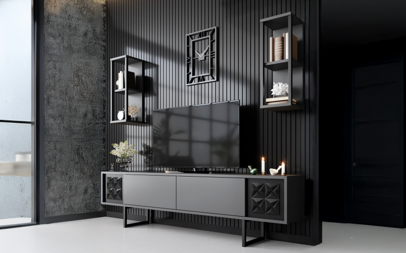 Modul TV + 2 buc. etajera Linus A, antracit + negru  1