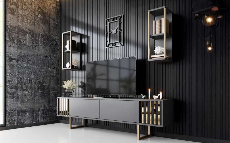 Modul TV + 2 buc. etajera Linus, antracit + negru  1