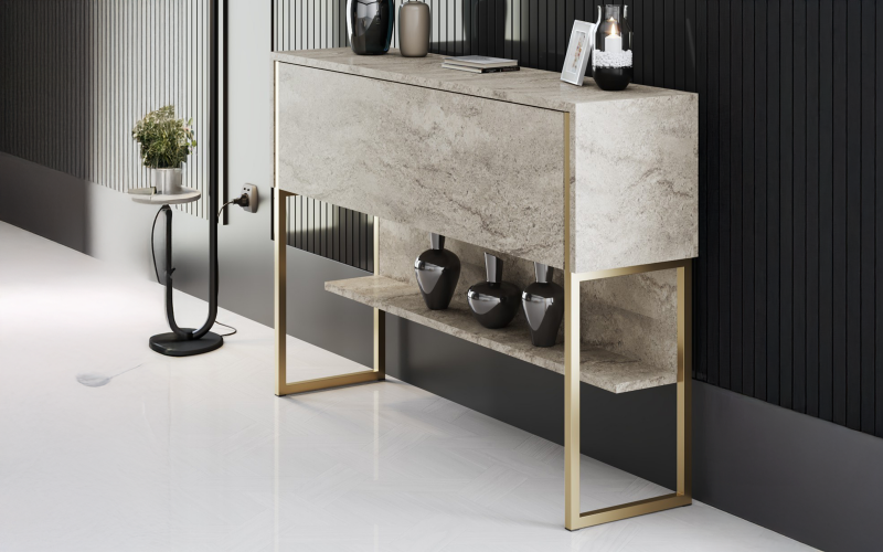 Masa consola Larso, decor travertin + auriu  1