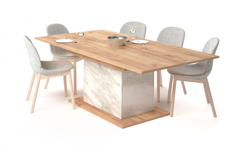 Masa dining extensibila Selera, stejar craft auriu + decor marmura alba  1