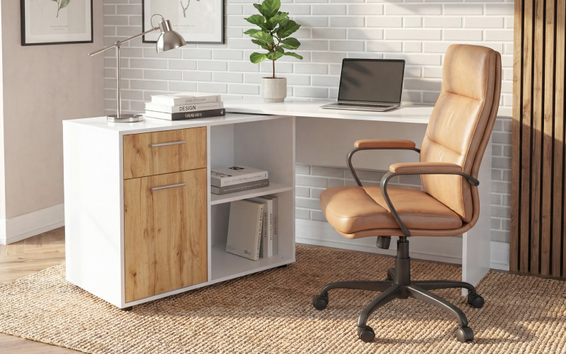 Birou Aster, alb lucios + stejar wotan  1