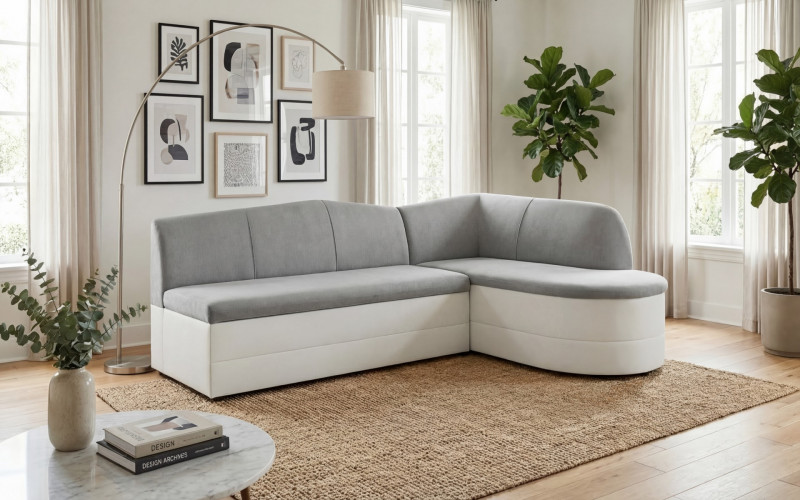 Coltar extensibil de bucatarie Bety, gri deschis + piele alba  1