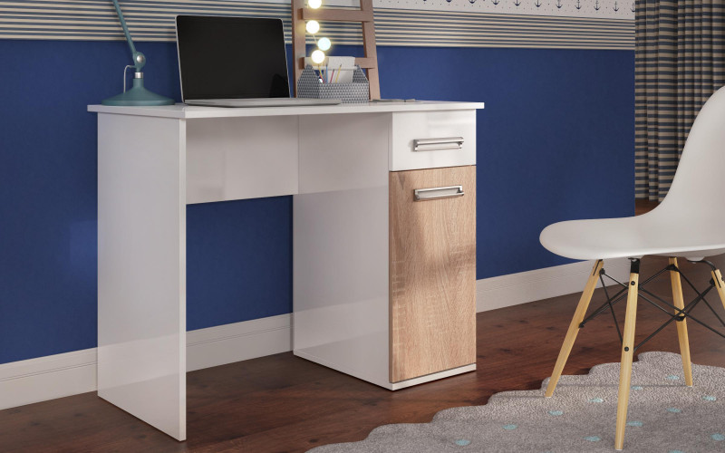 Birou Nemo, alb lucios + stejar sonoma  1