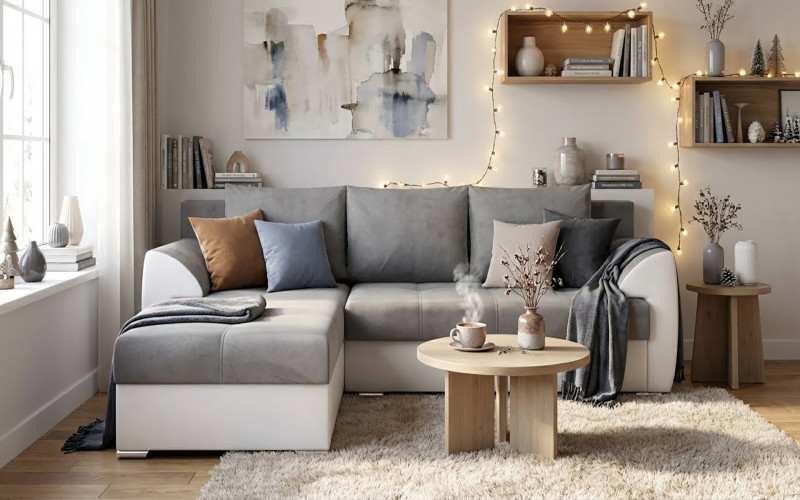 Coltar extensibil Deman, gri + piele alba  1