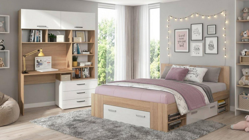 Set Biblioteca Diel  + pat Nemo 120/200, stejar sonoma + alb lucios  1