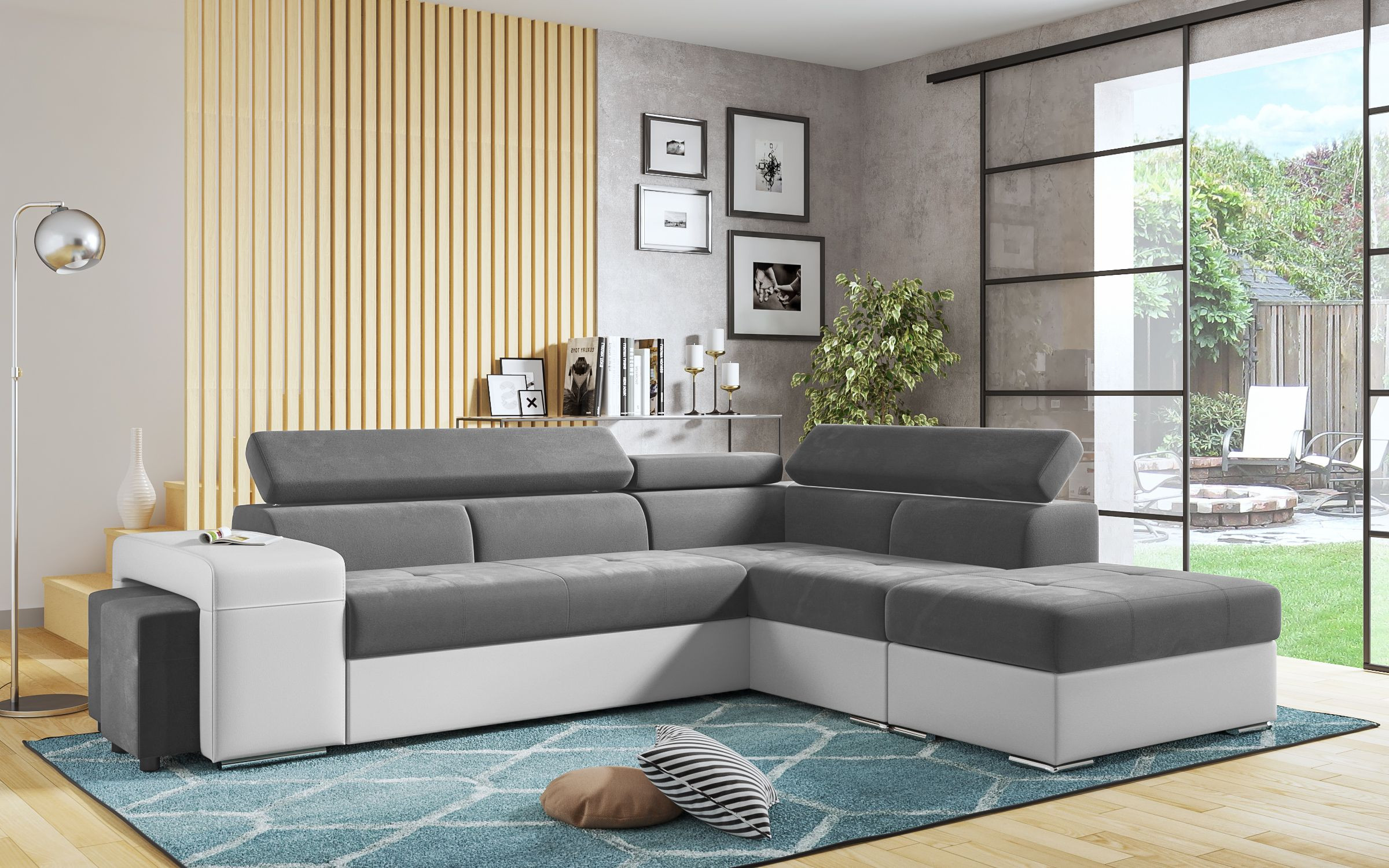 Coltar extensibil Amirei + 2 taburete, gri + piele alba  3