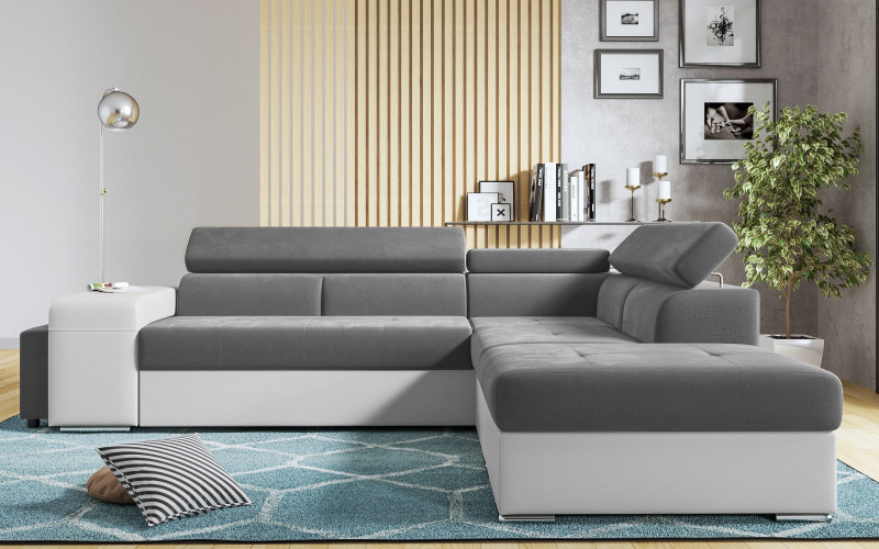 Coltar extensibil Amirei + 2 taburete, gri + piele alba  1