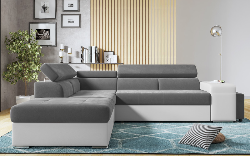 Coltar extensibil Amirei + 2 taburete, gri + piele alba  1